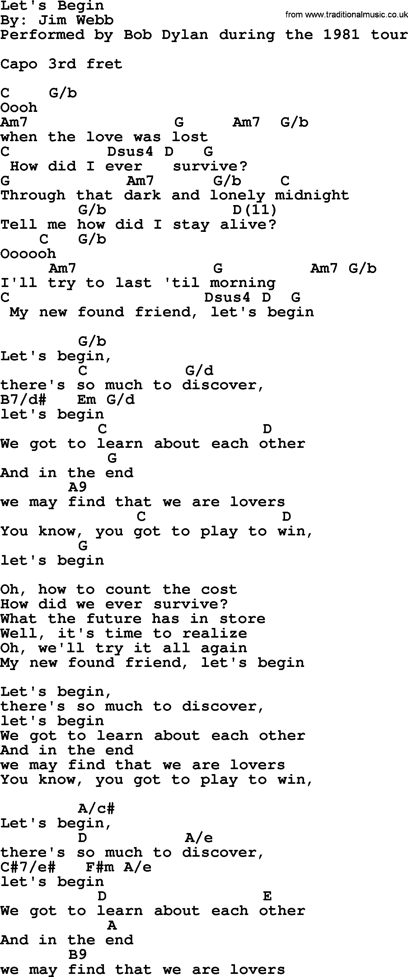 Bob Dylan song, lyrics with chords - Let's Begin