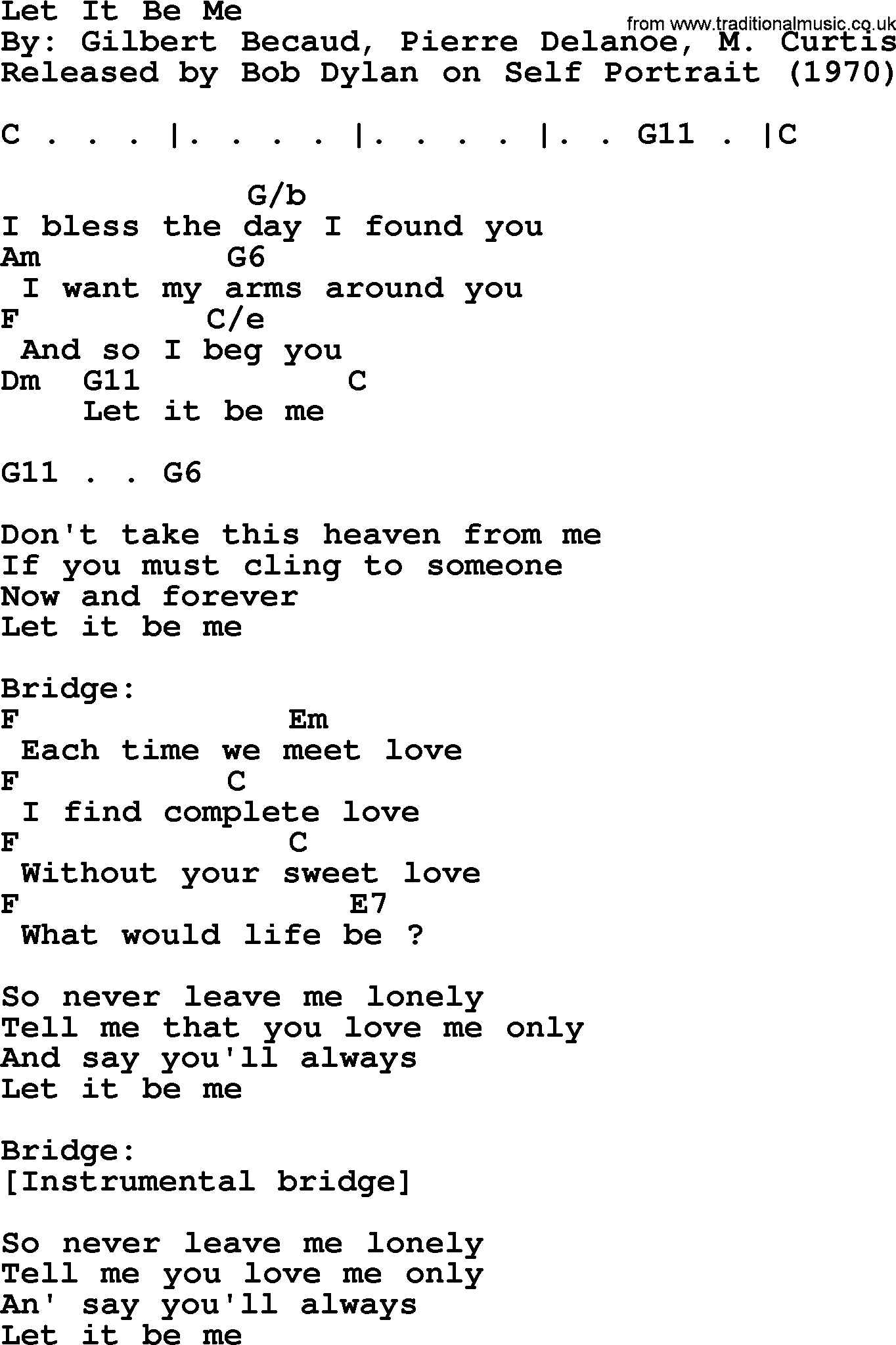 Bob Dylan song, lyrics with chords - Let It Be Me