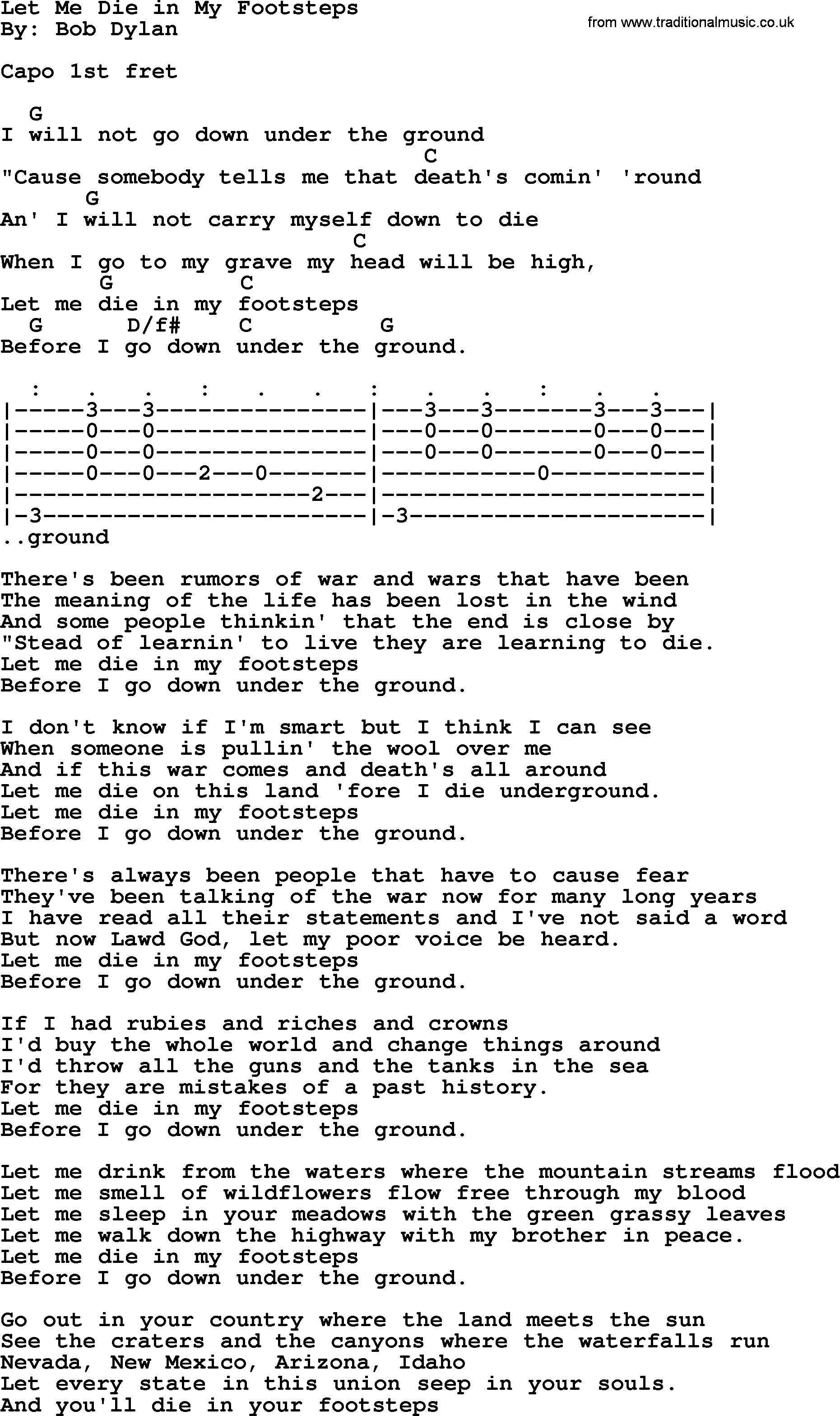 Bob Dylan song, lyrics with chords - Let Me Die in My Footsteps