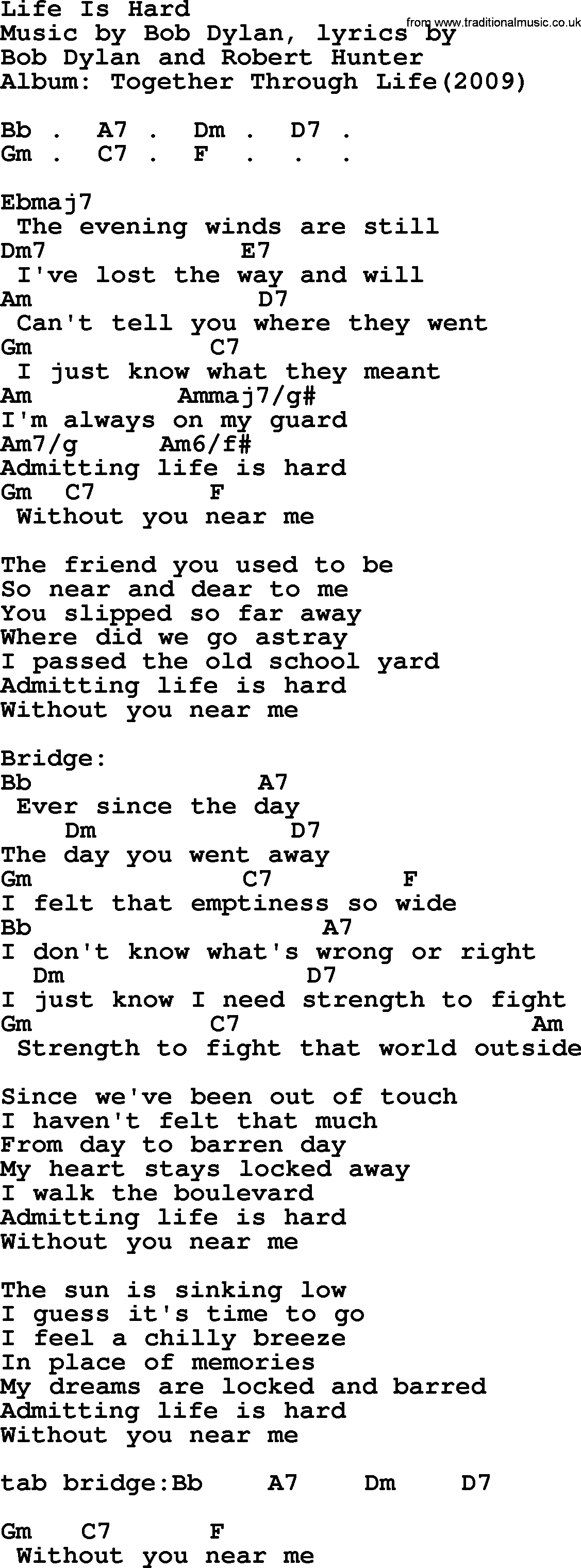 Bob Dylan song, lyrics with chords - Life Is Hard