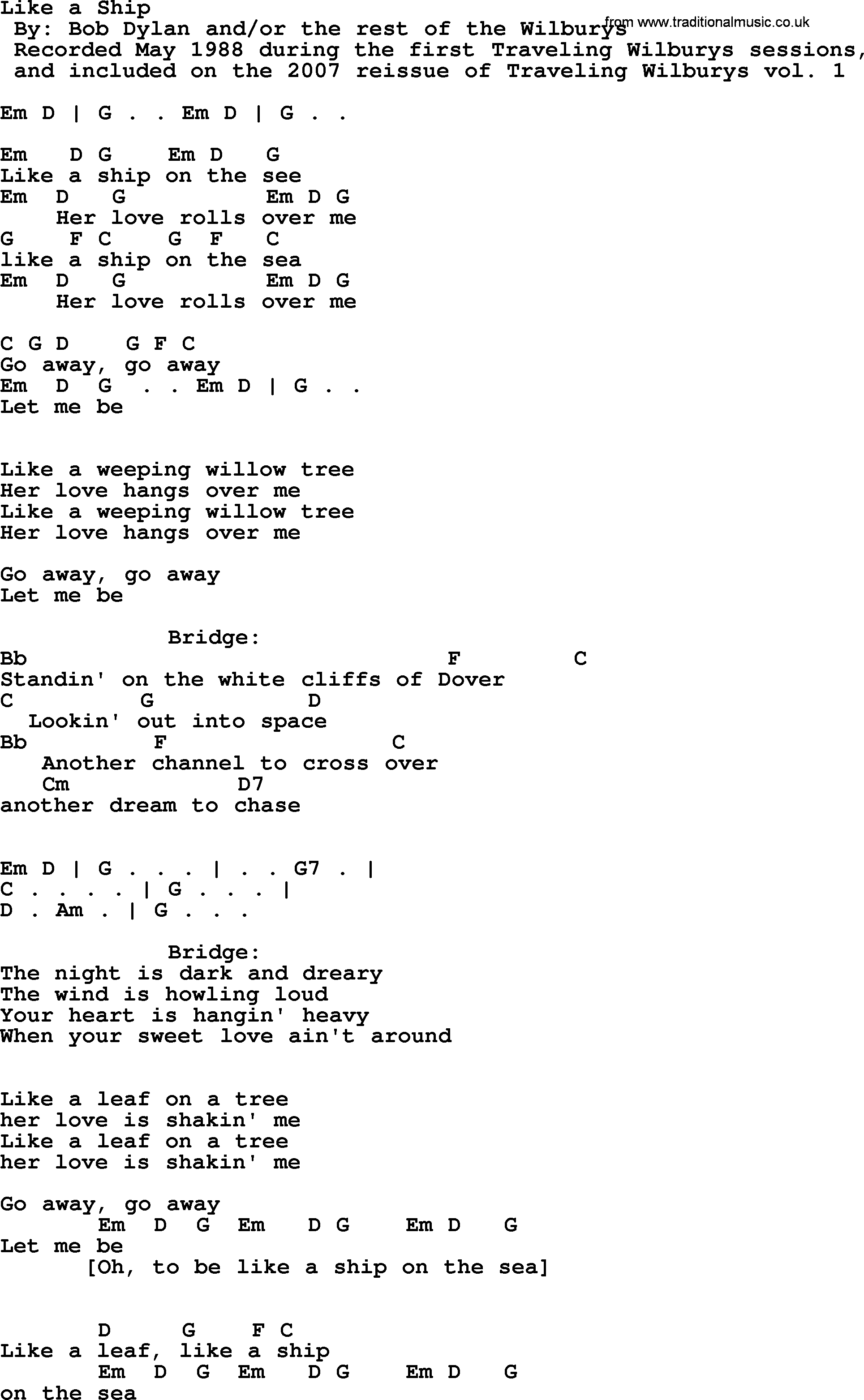 Bob Dylan song, lyrics with chords - Like a Ship
