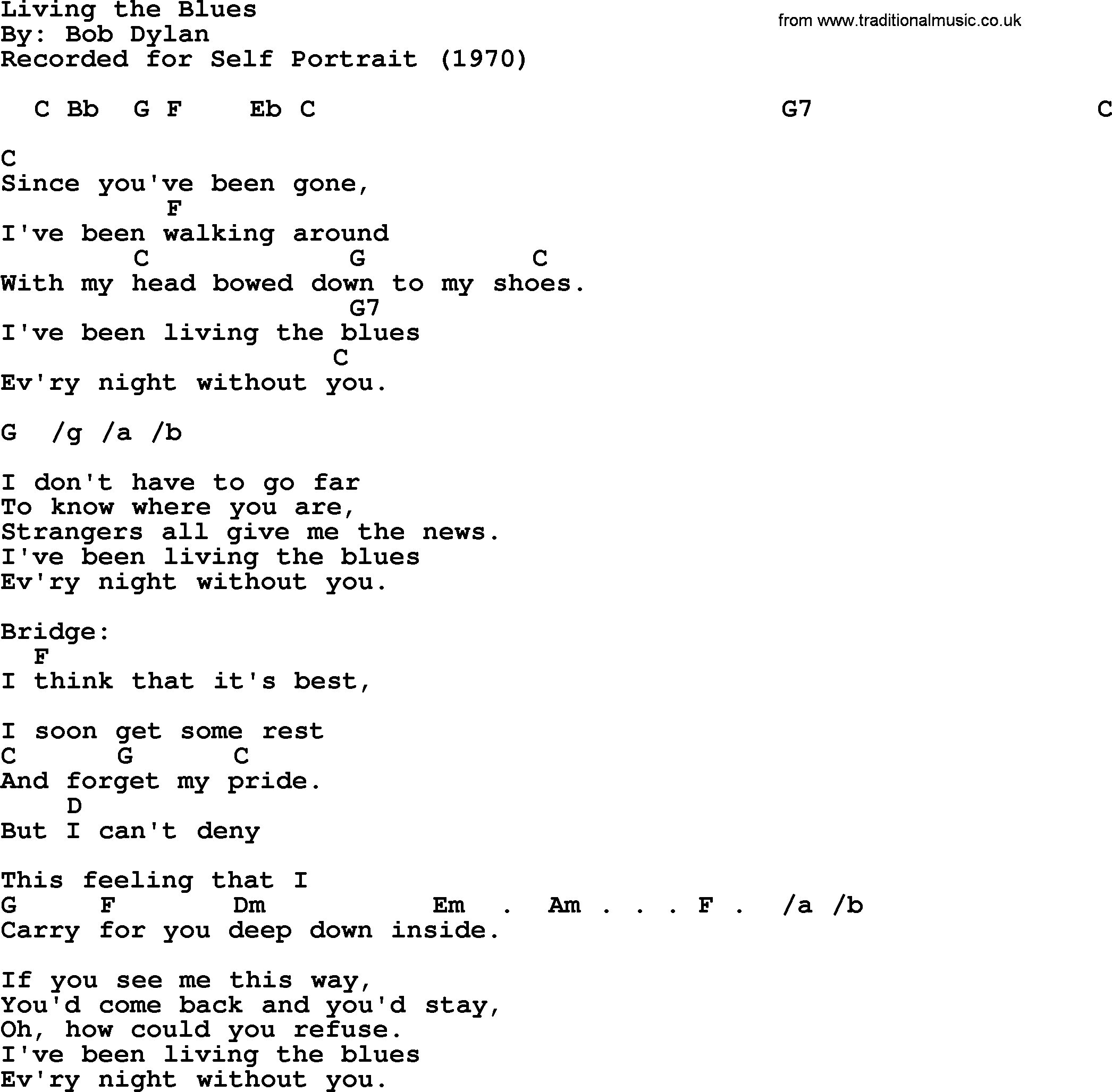 Bob Dylan song, lyrics with chords - Living the Blues