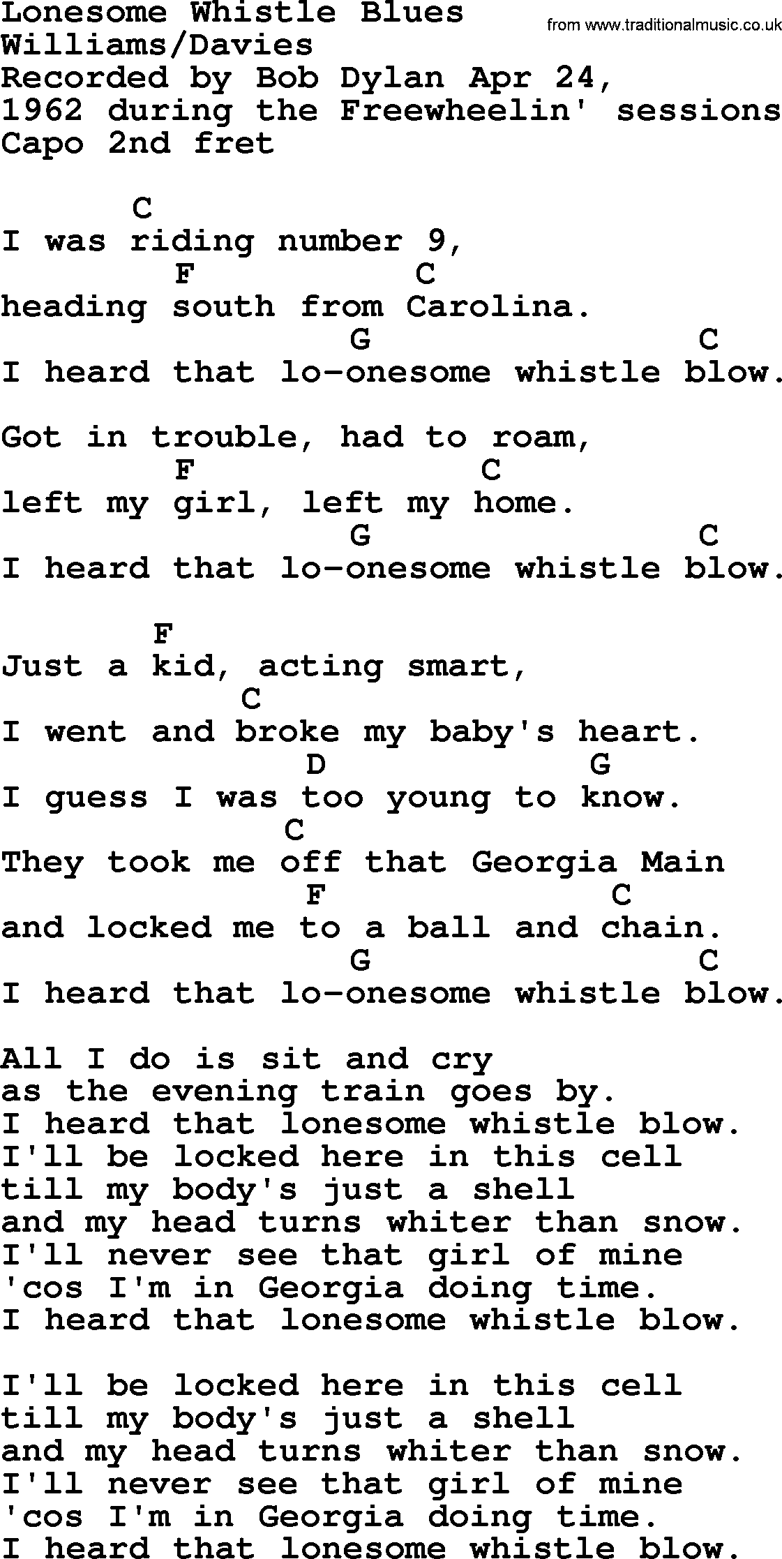 Bob Dylan song, lyrics with chords - Lonesome Whistle Blues