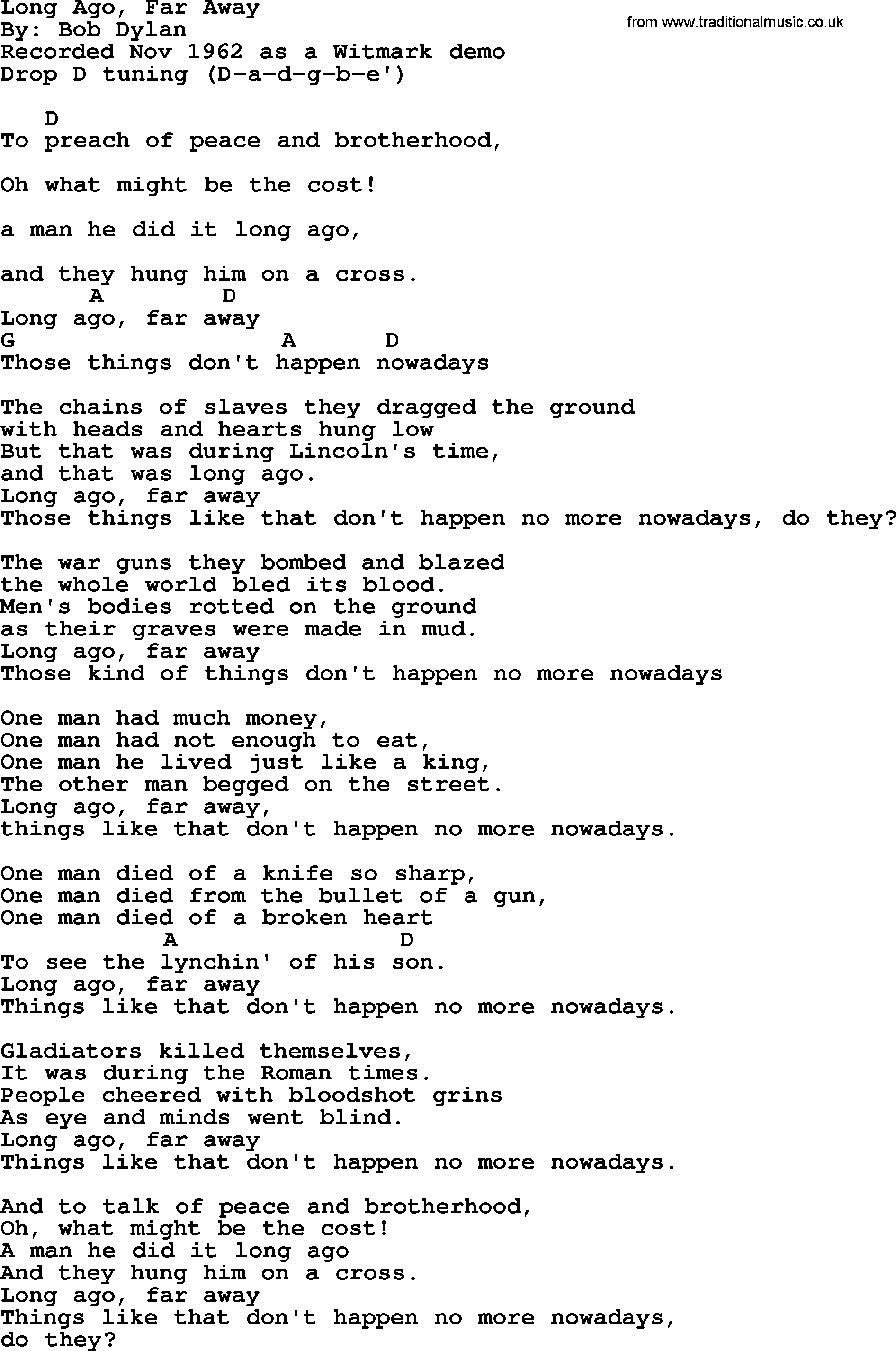 Bob Dylan song, lyrics with chords - Long Ago, Far Away