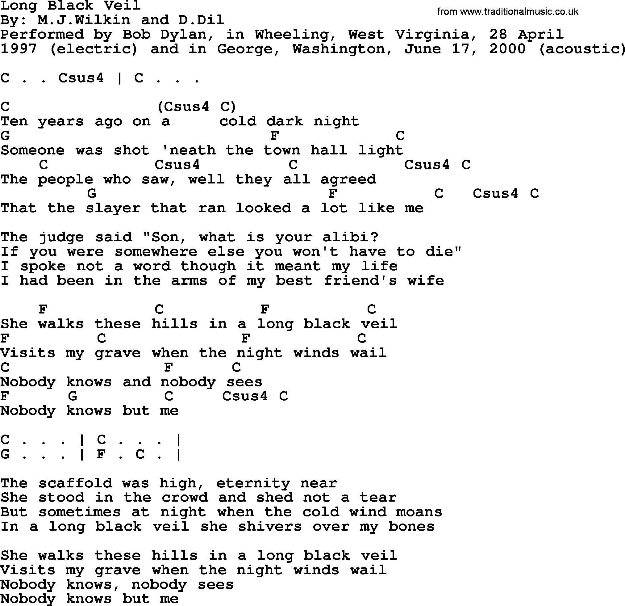Bob Dylan song, lyrics with chords - Long Black Veil