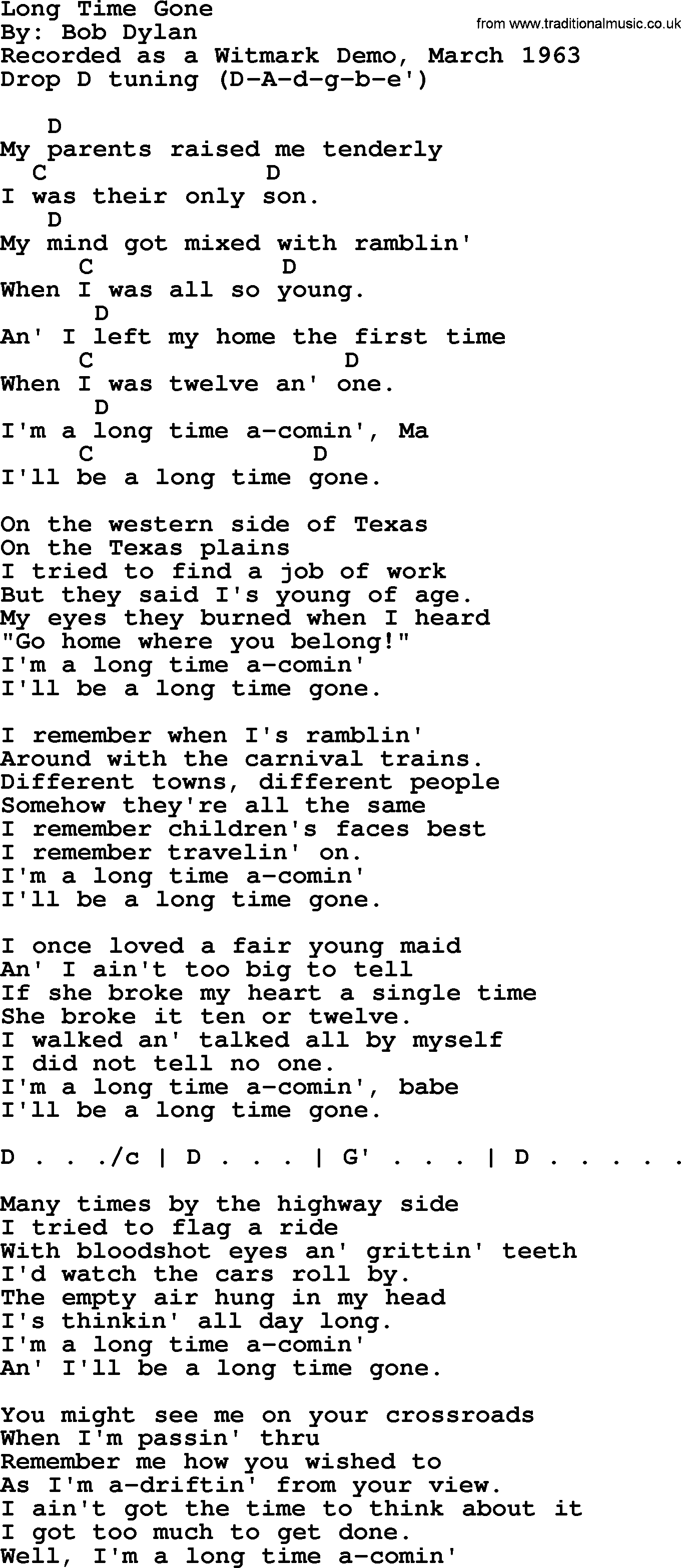 Bob Dylan song, lyrics with chords - Long Time Gone