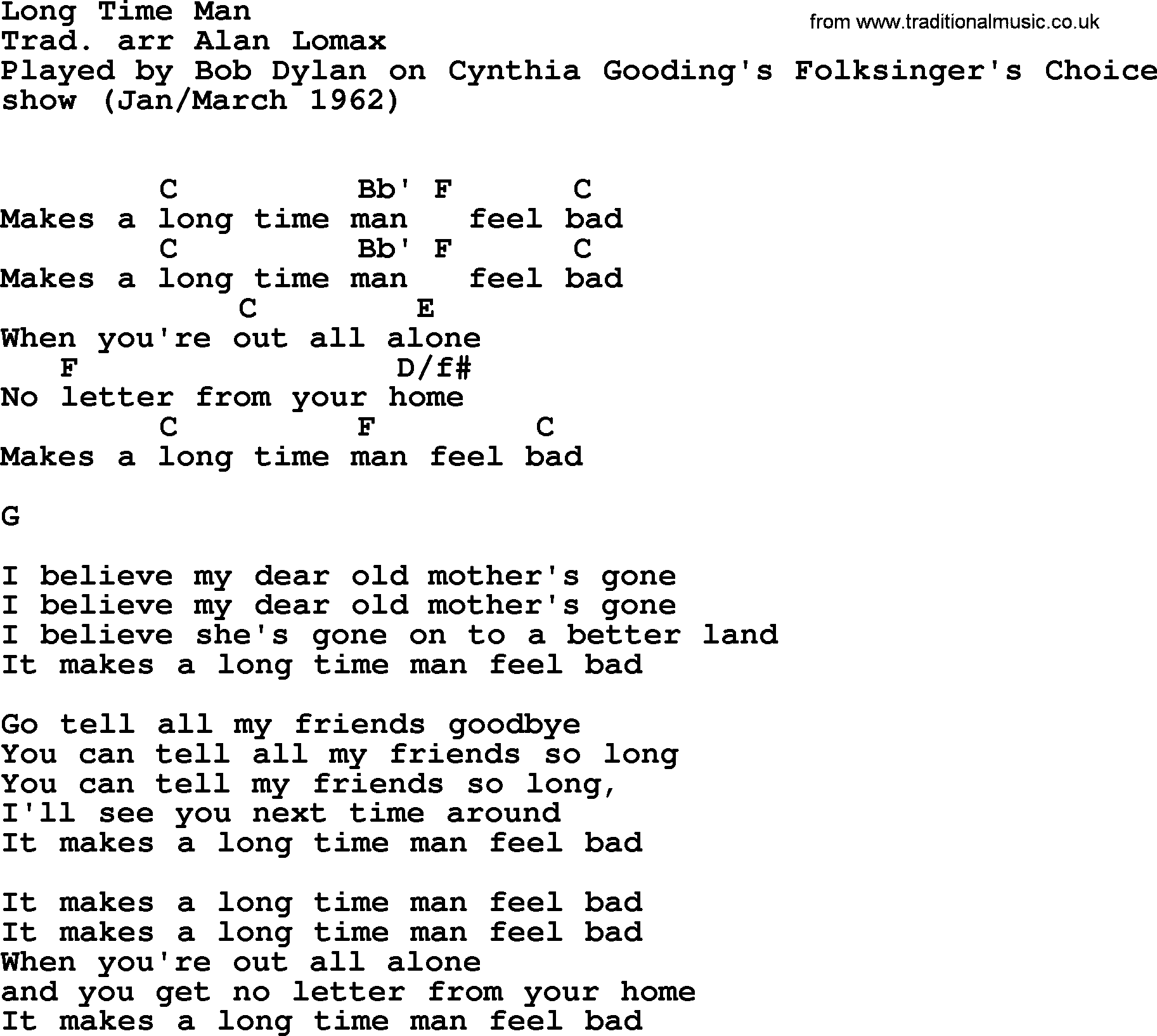 Bob Dylan song, lyrics with chords - Long Time Man