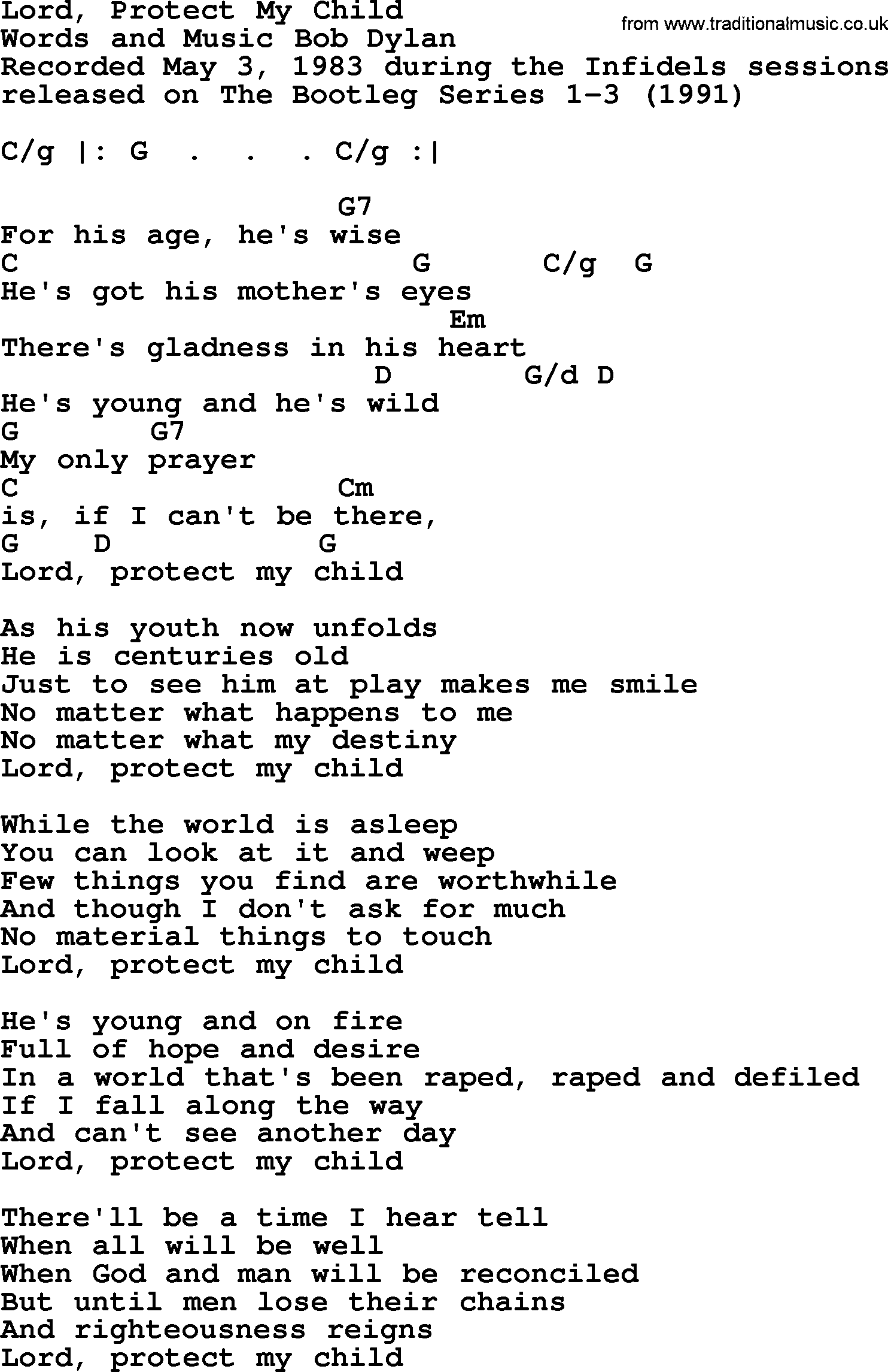 Bob Dylan song, lyrics with chords - Lord, Protect My Child