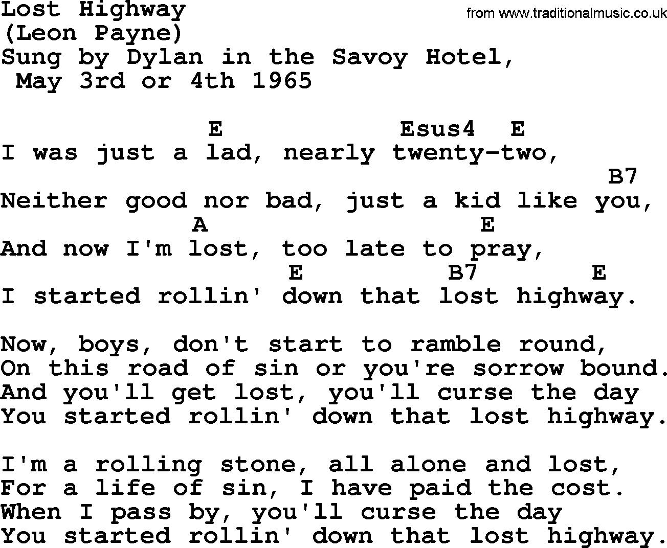 Bob Dylan song, lyrics with chords - Lost Highway