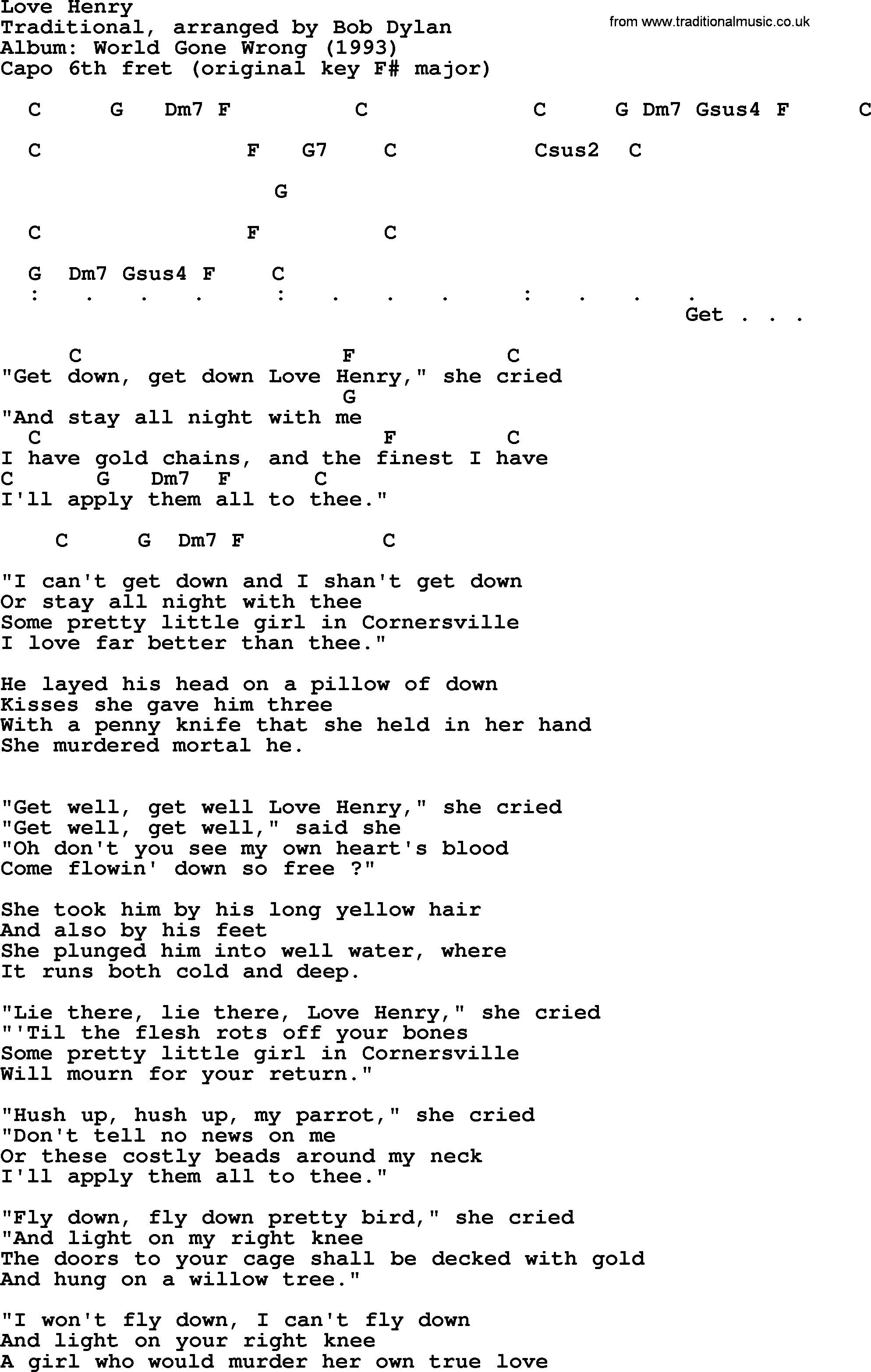 Bob Dylan song, lyrics with chords - Love Henry