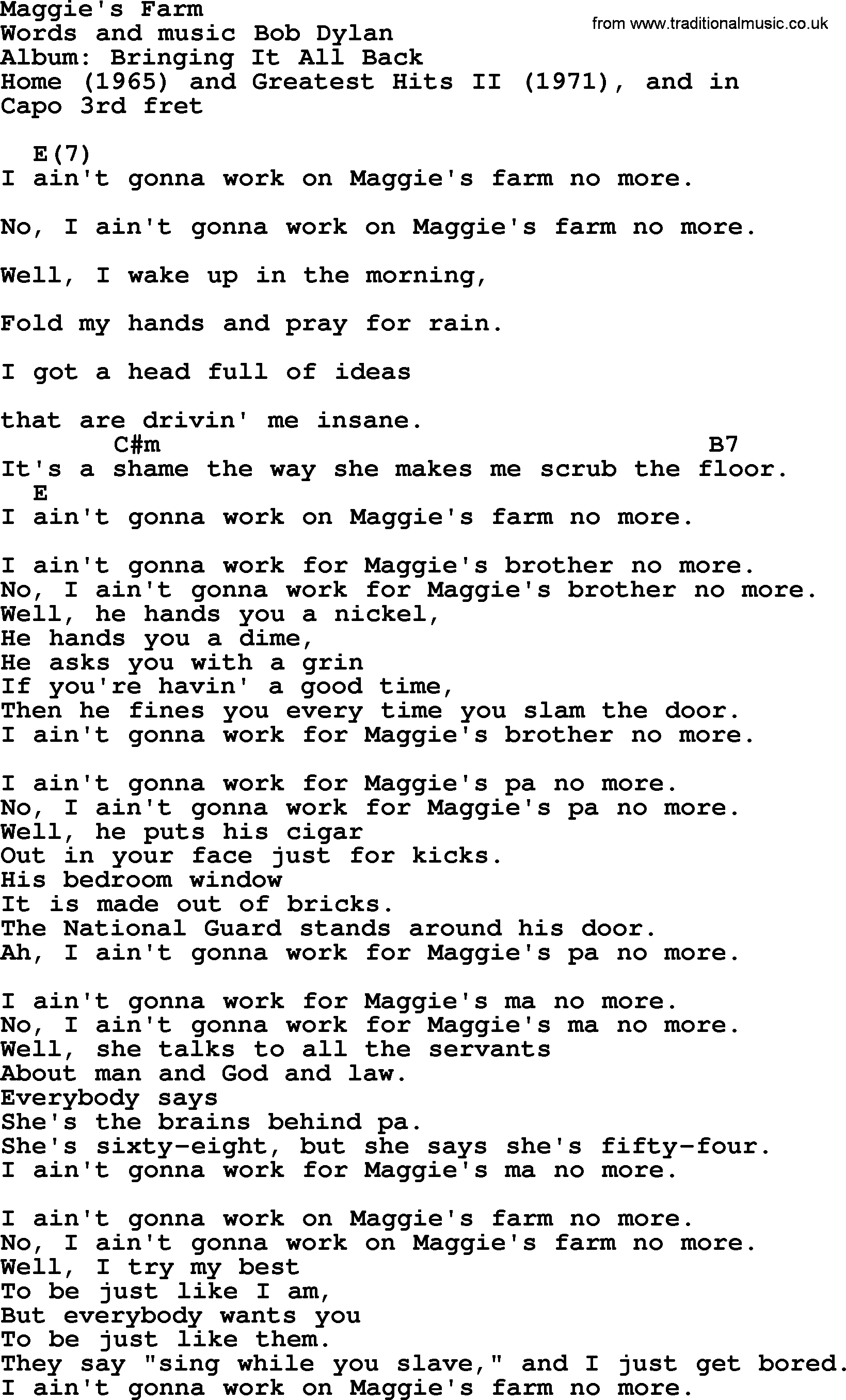 Bob Dylan song, lyrics with chords - Maggie's Farm