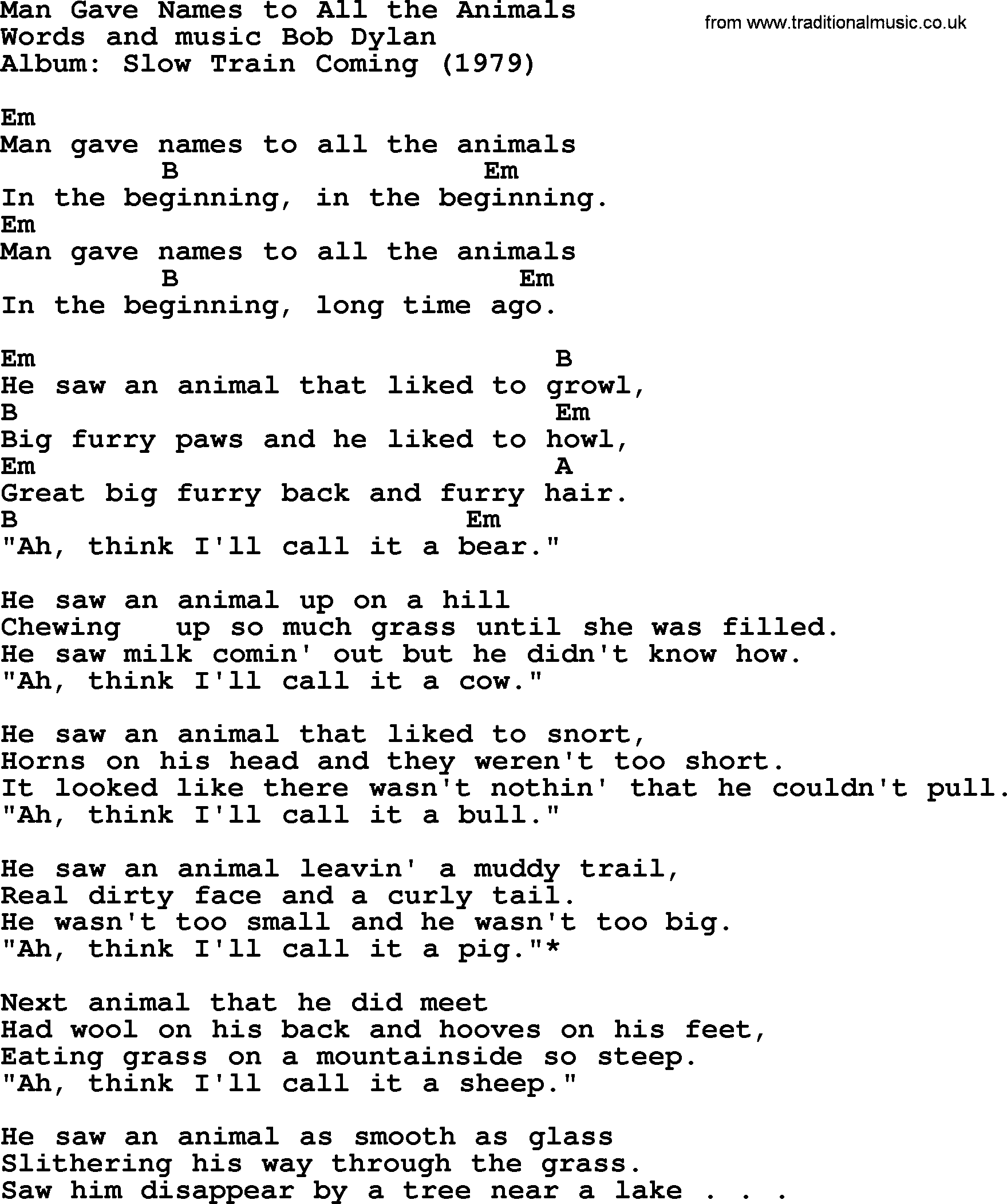 Bob Dylan song, lyrics with chords - Man Gave Names to All the Animals