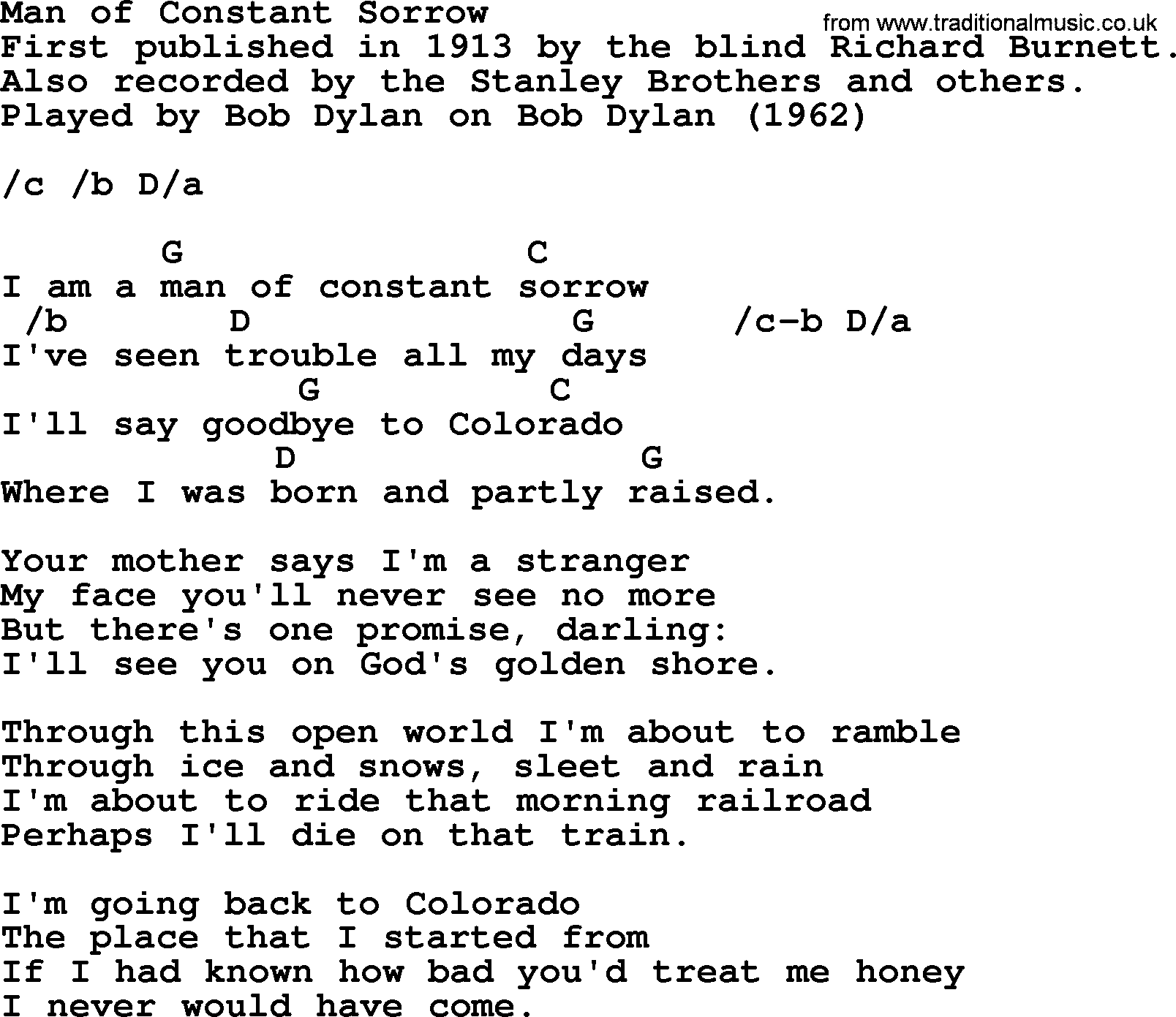 Bob Dylan song, lyrics with chords - Man of Constant Sorrow