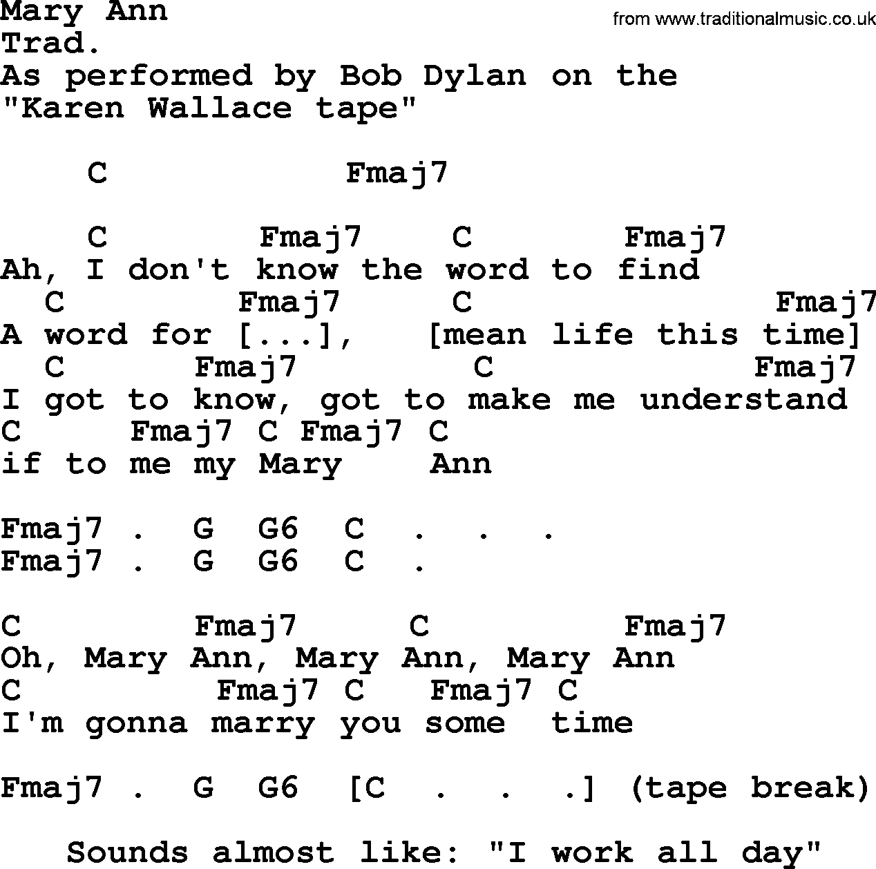 Bob Dylan song, lyrics with chords - Mary Ann