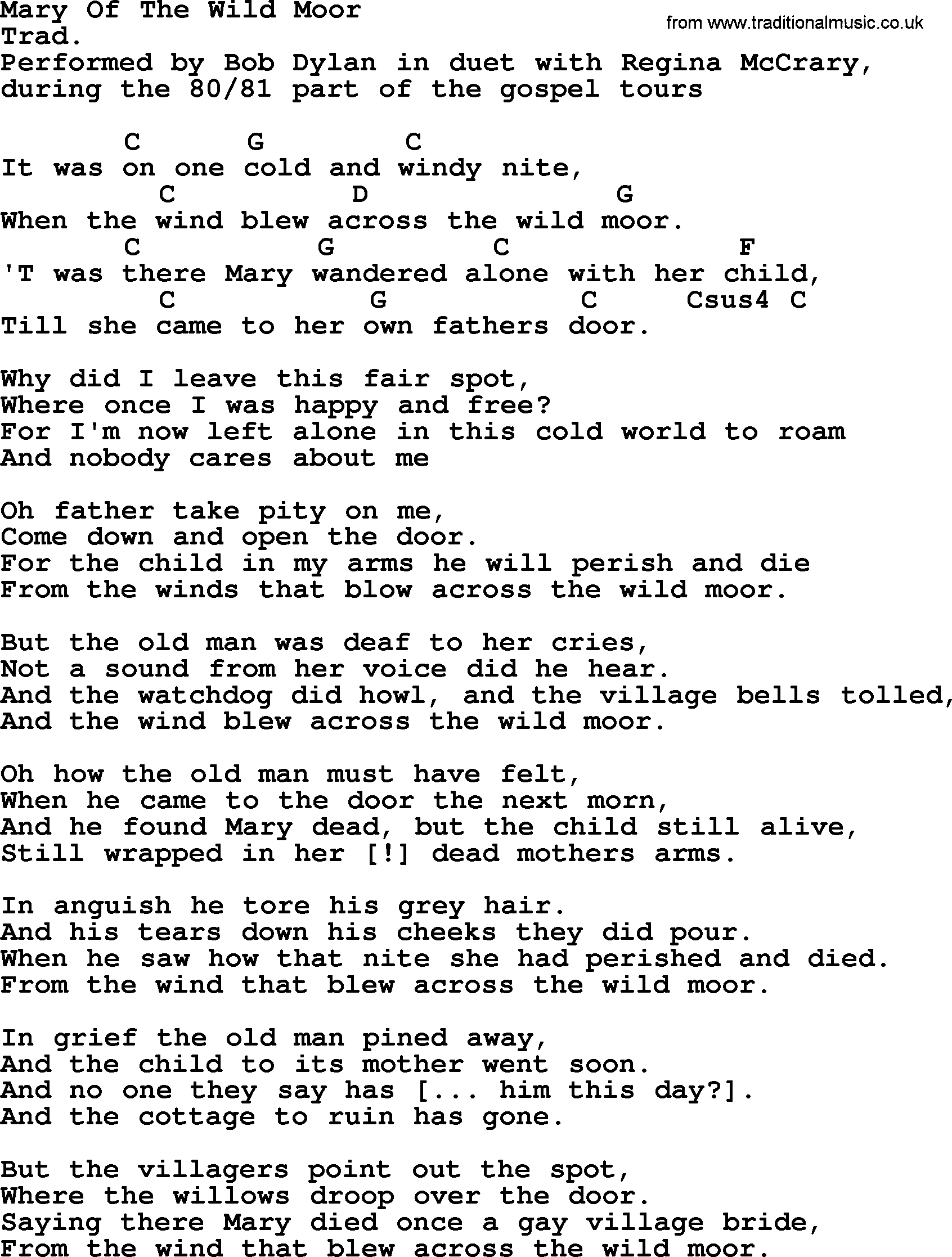 Bob Dylan song, lyrics with chords - Mary Of The Wild Moor