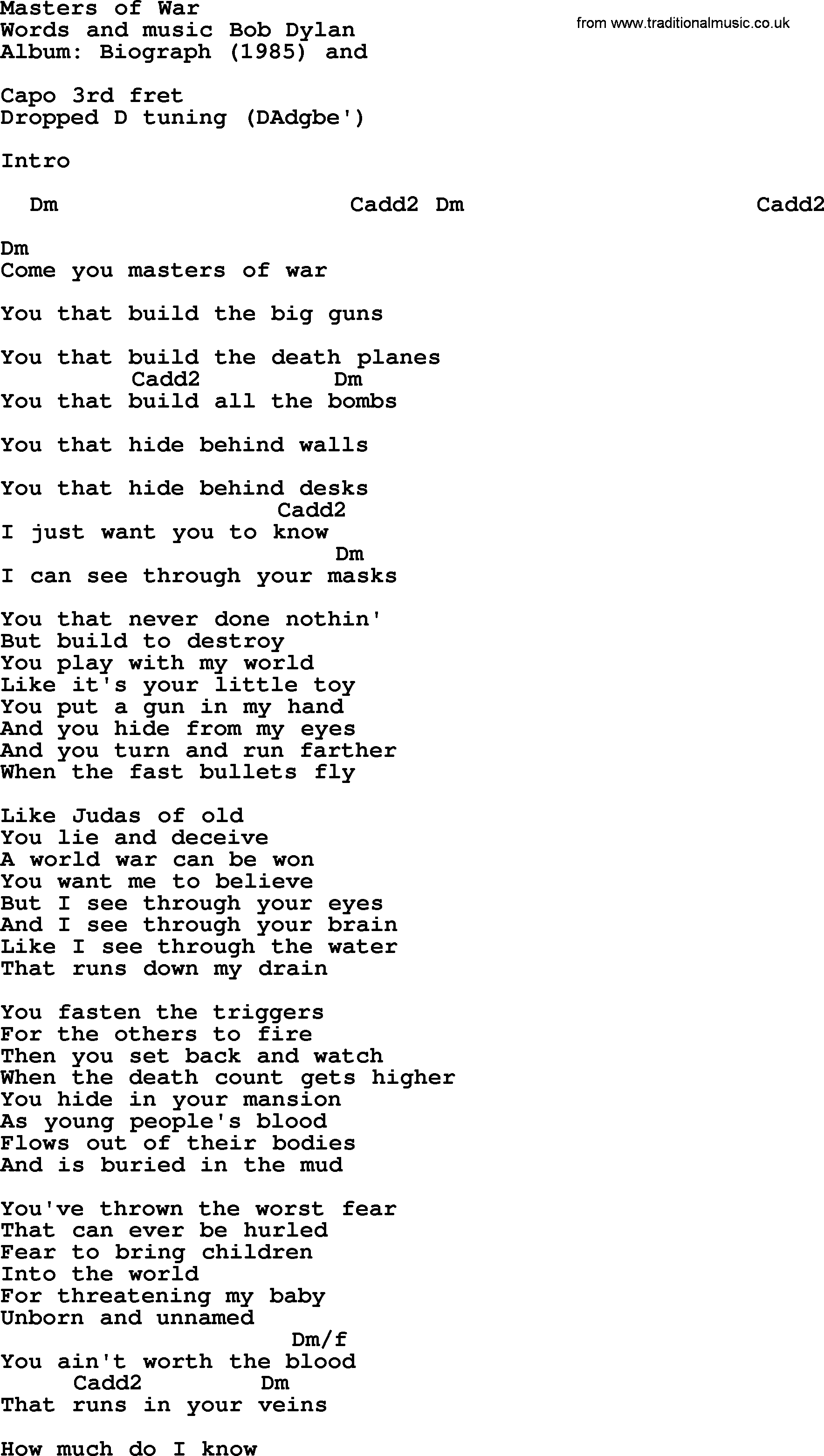Bob Dylan song, lyrics with chords - Masters of War