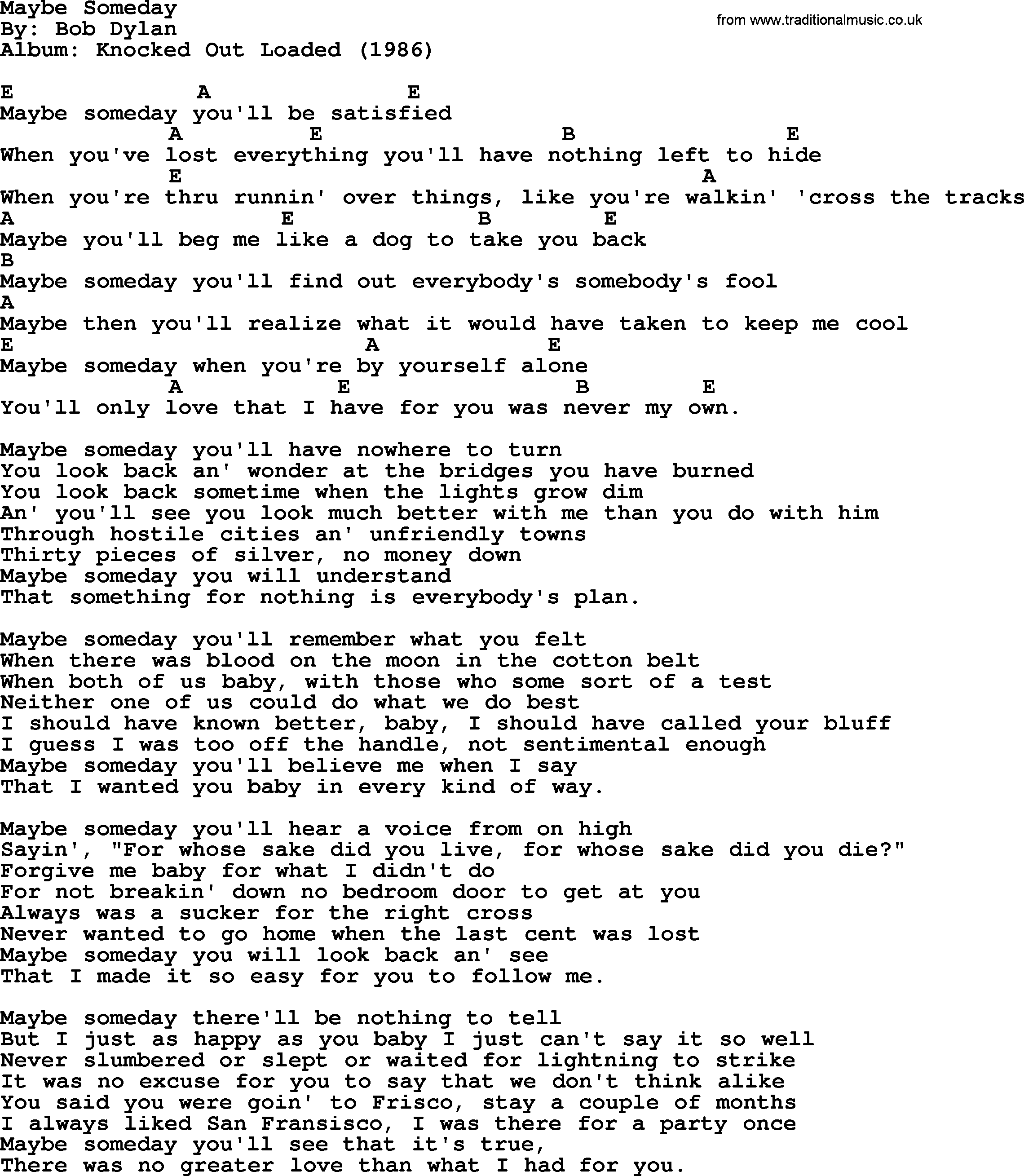 Bob Dylan song, lyrics with chords - Maybe Someday