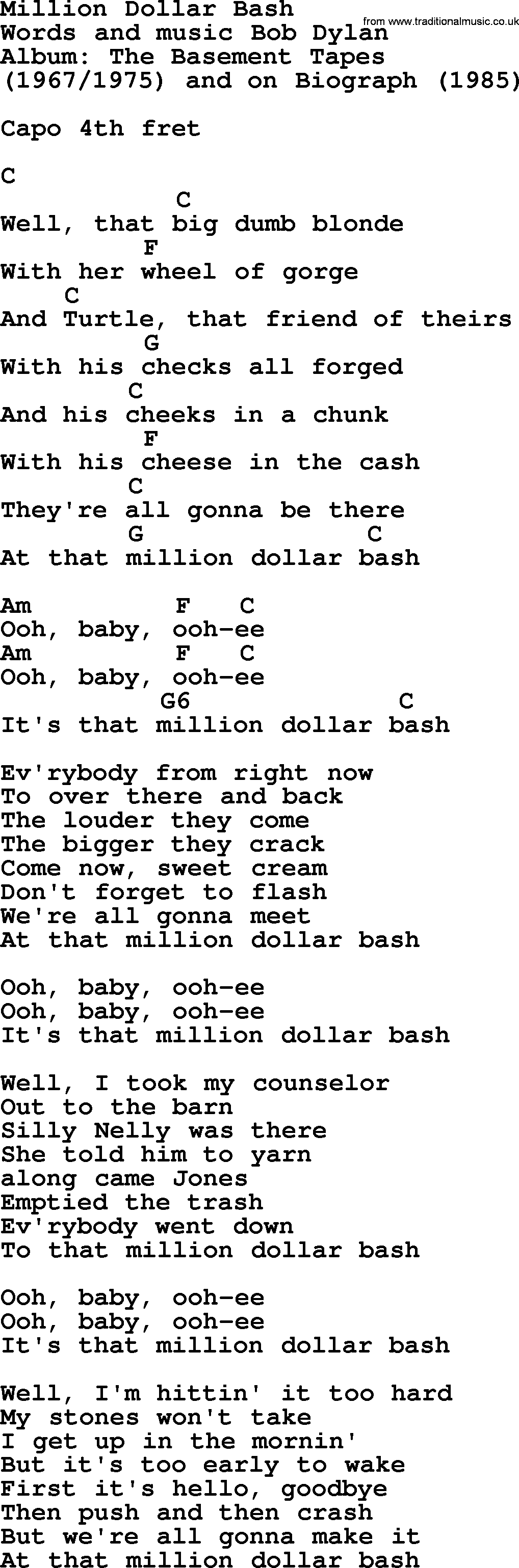 Bob Dylan song, lyrics with chords - Million Dollar Bash