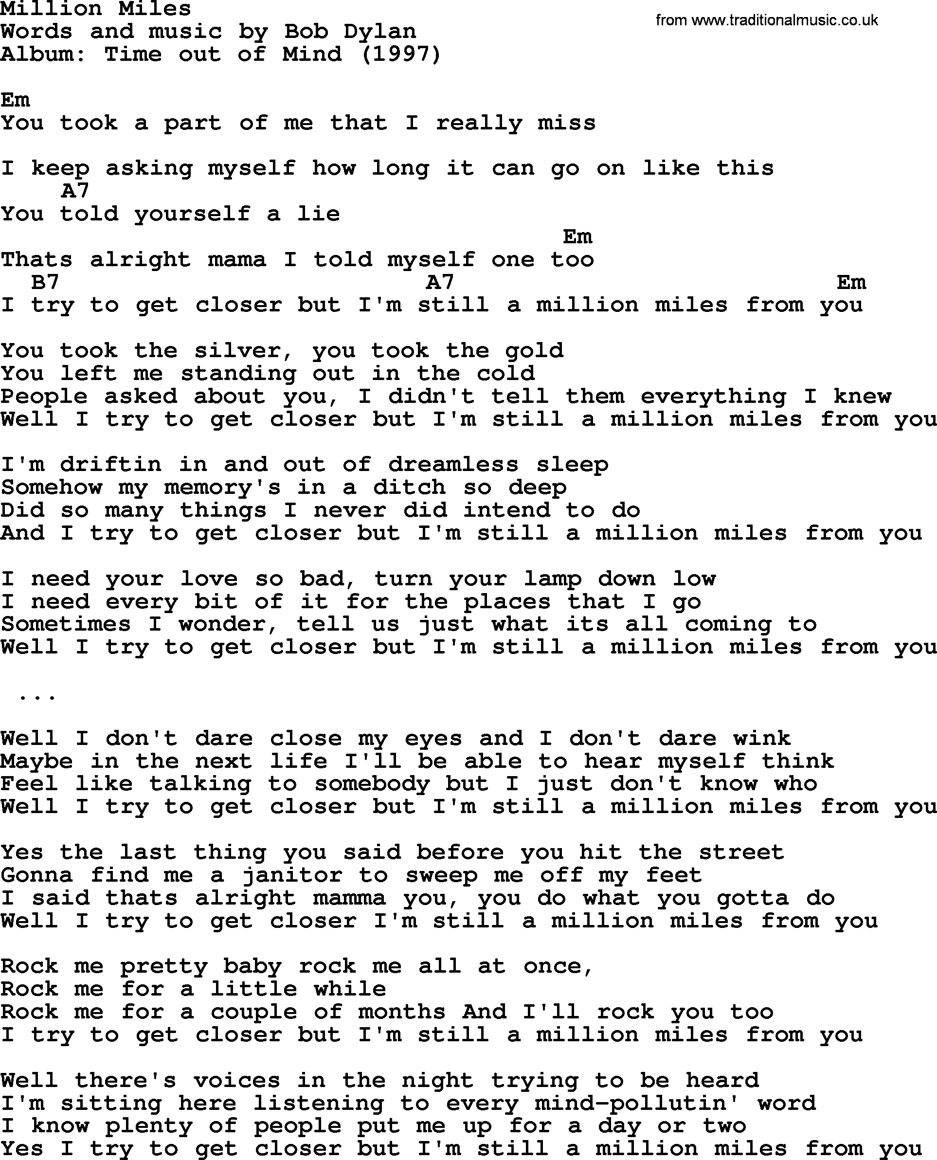 Bob Dylan song, lyrics with chords - Million Miles