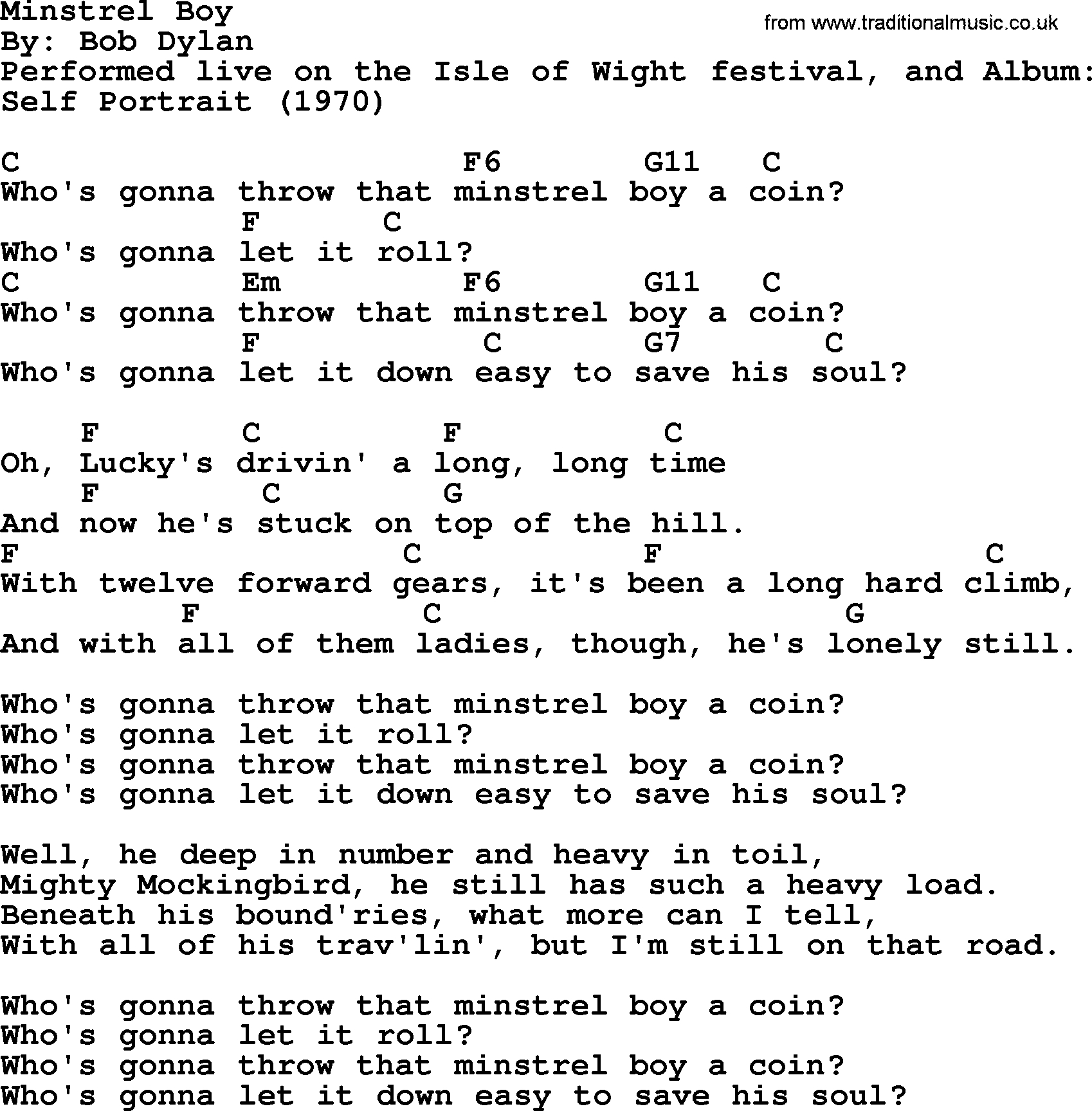Bob Dylan song, lyrics with chords - Minstrel Boy