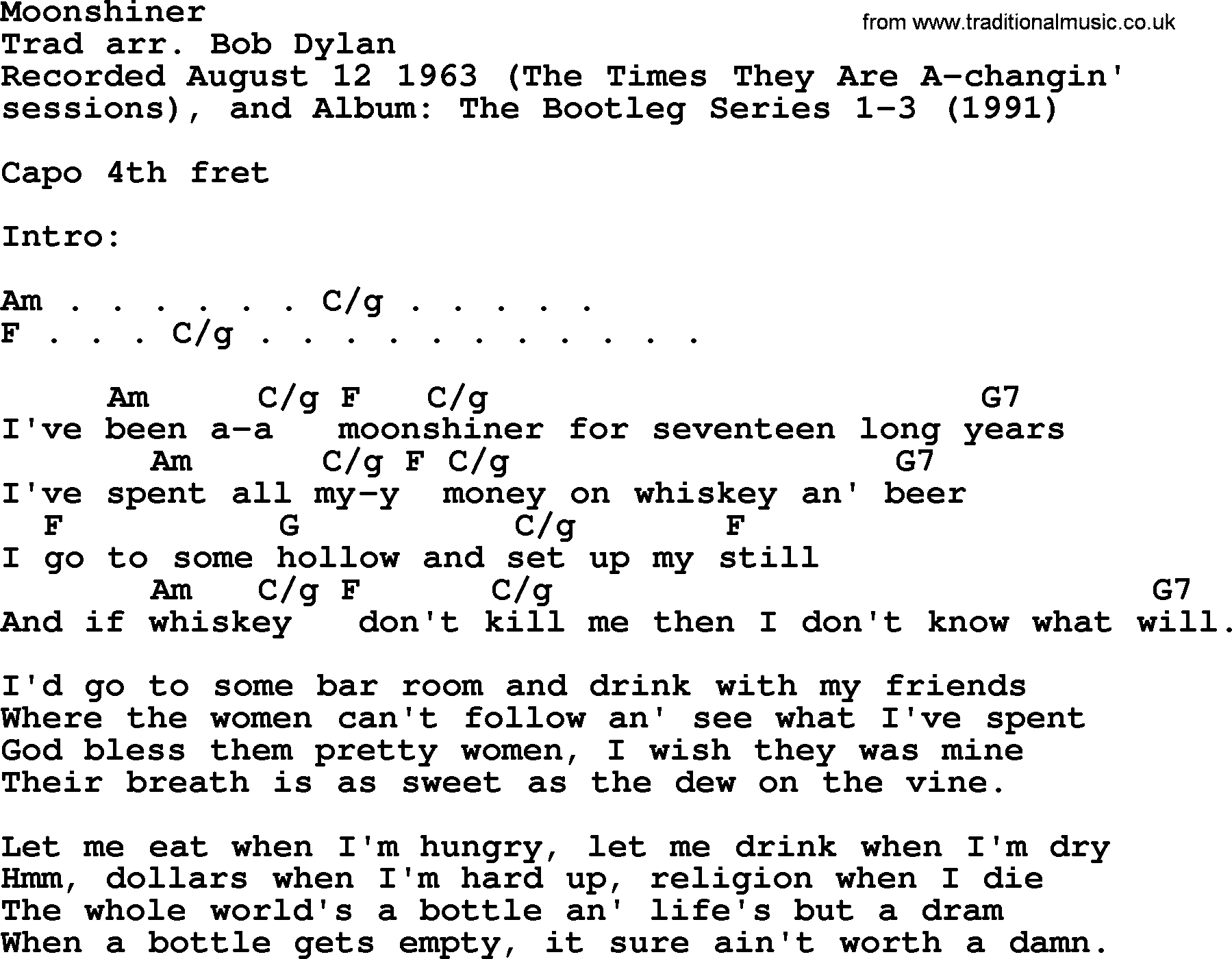 Bob Dylan song, lyrics with chords - Moonshiner