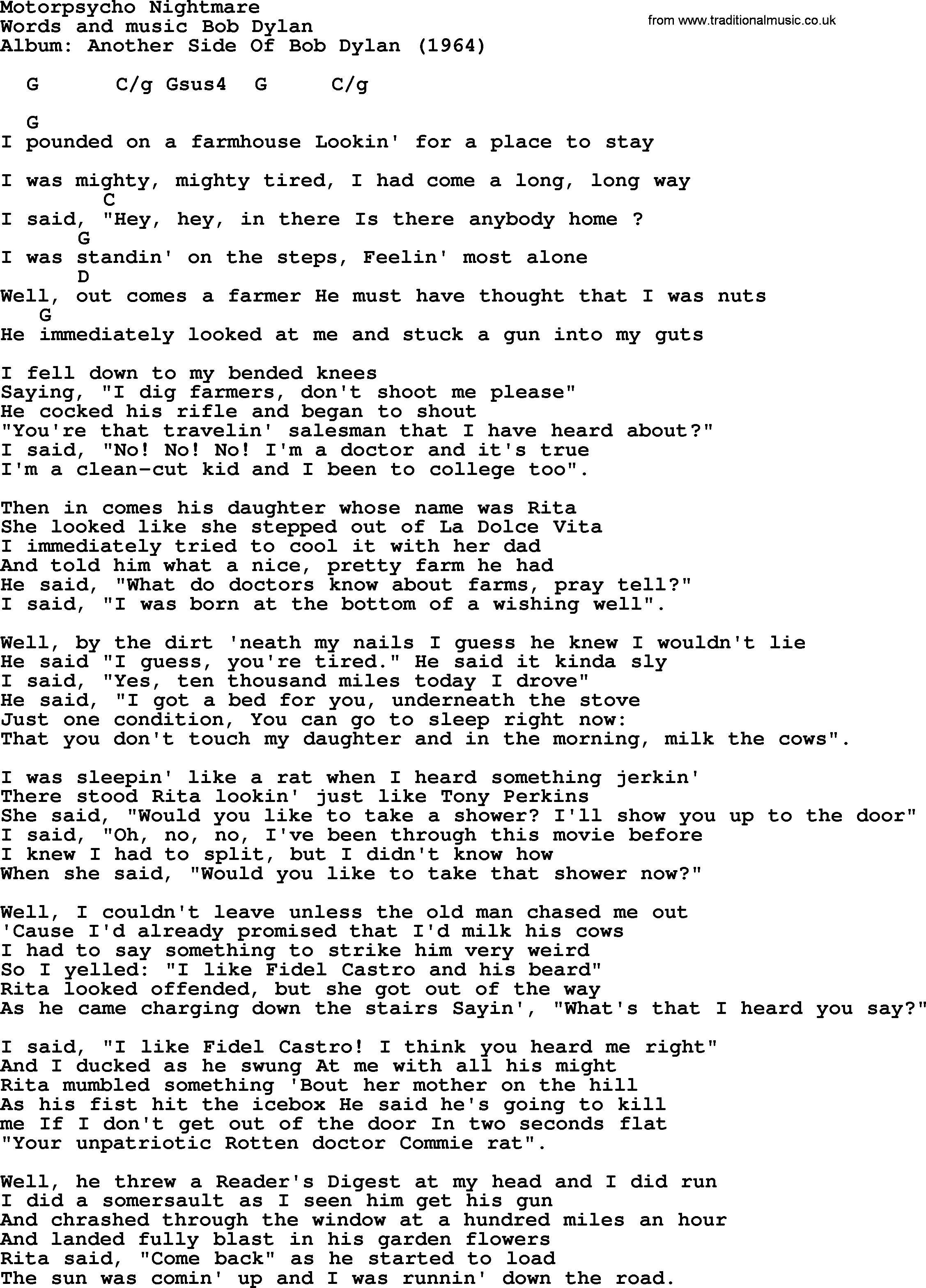 Bob Dylan song, lyrics with chords - Motorpsycho Nightmare