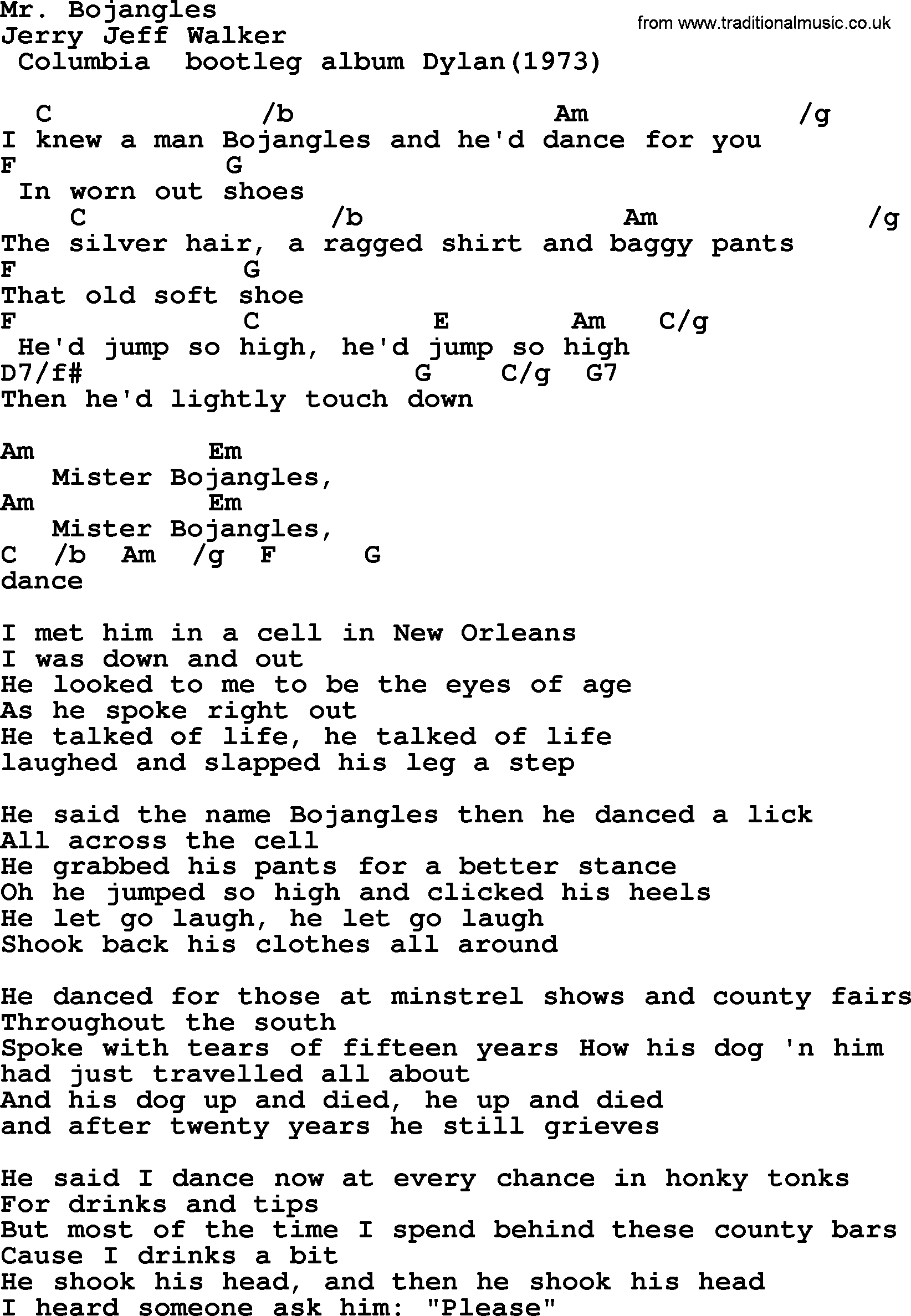 Bob Dylan song, lyrics with chords - Mr. Bojangles