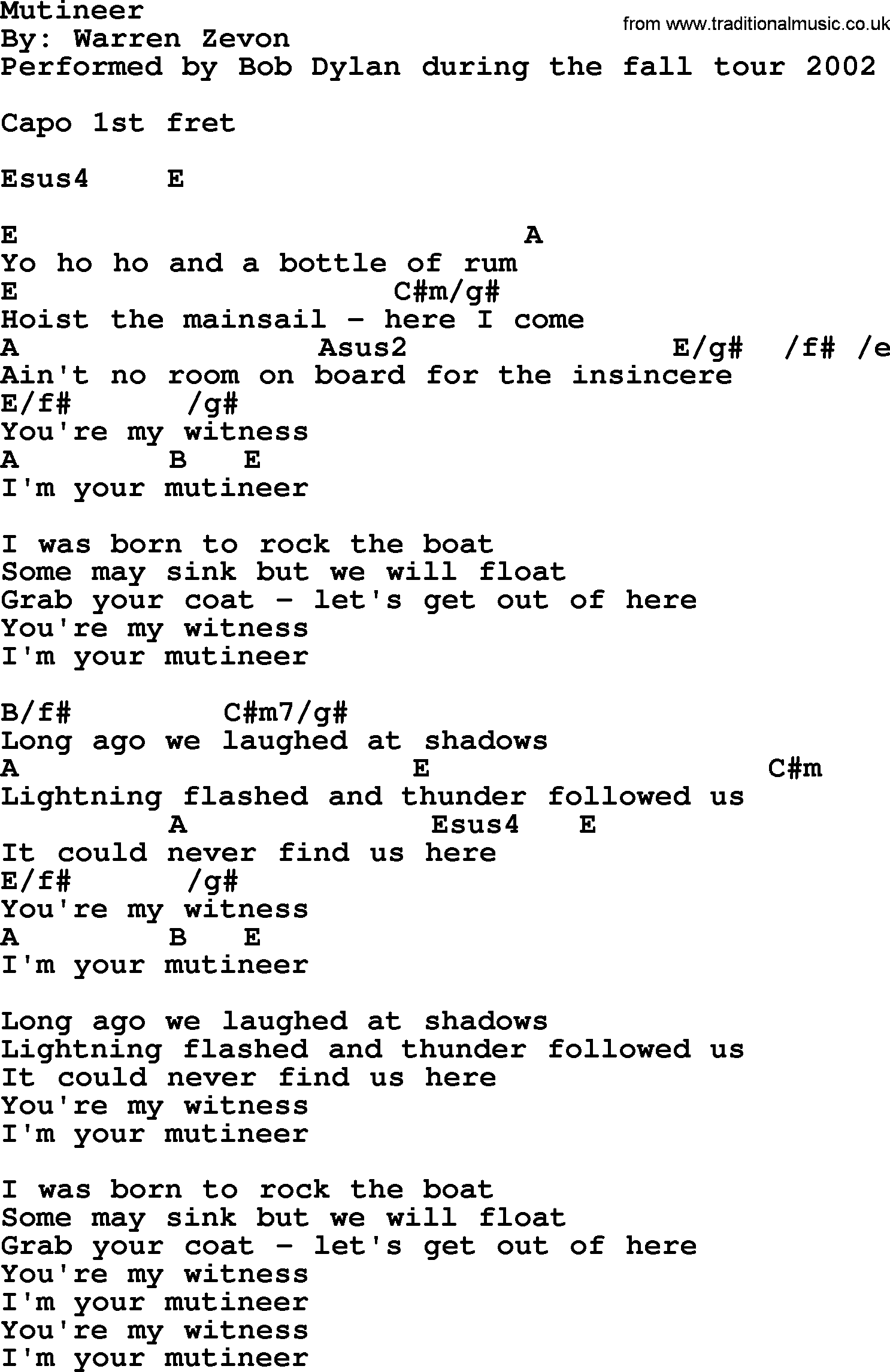 Bob Dylan song, lyrics with chords - Mutineer