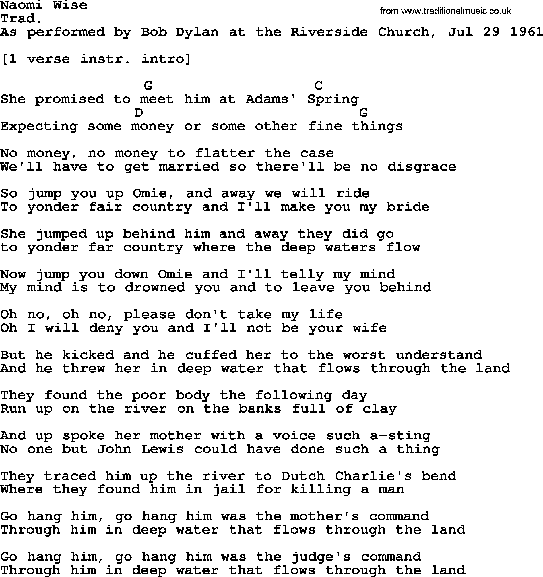 Bob Dylan song, lyrics with chords - Naomi Wise
