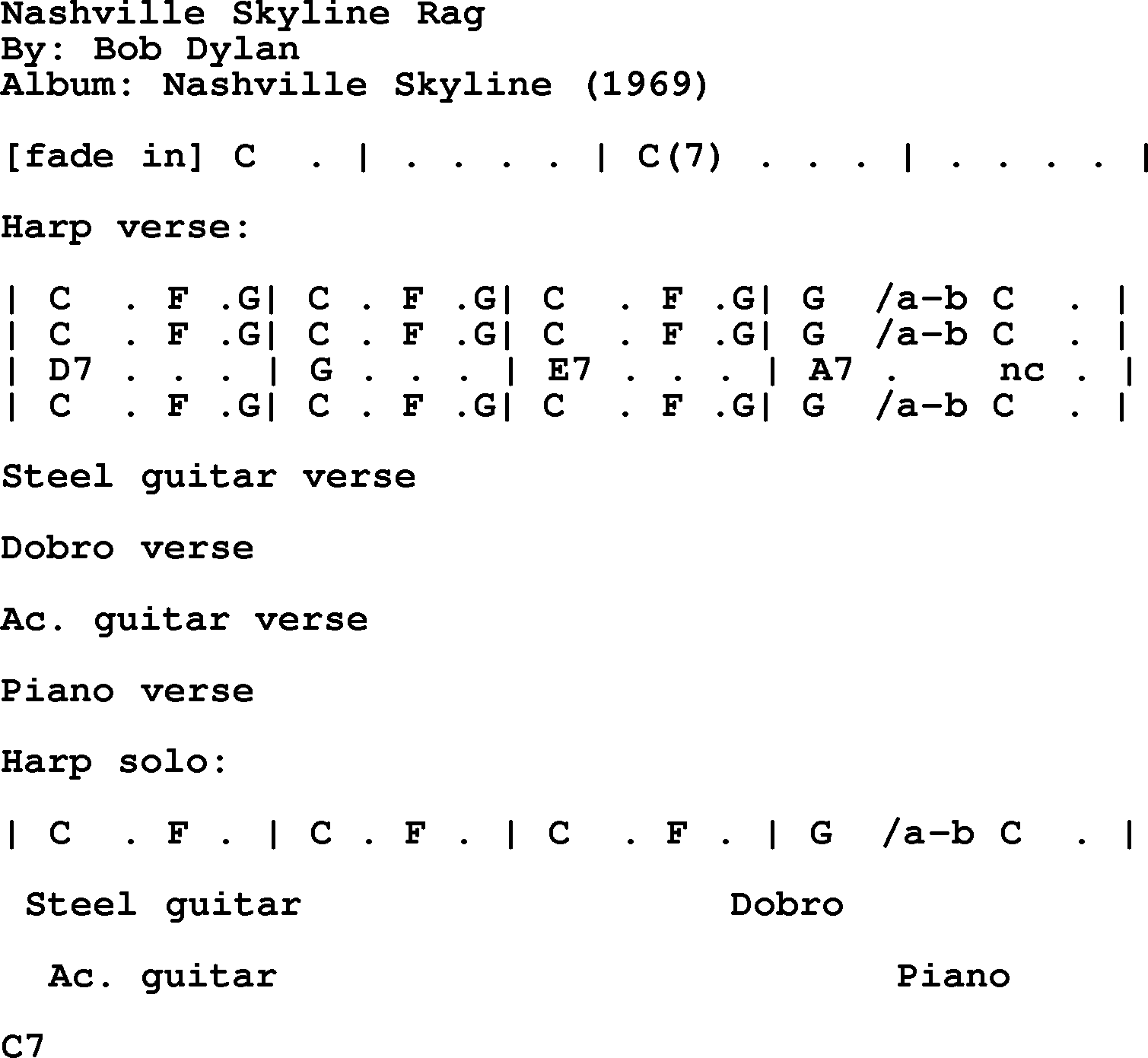 Bob Dylan song, lyrics with chords - Nashville Skyline Rag