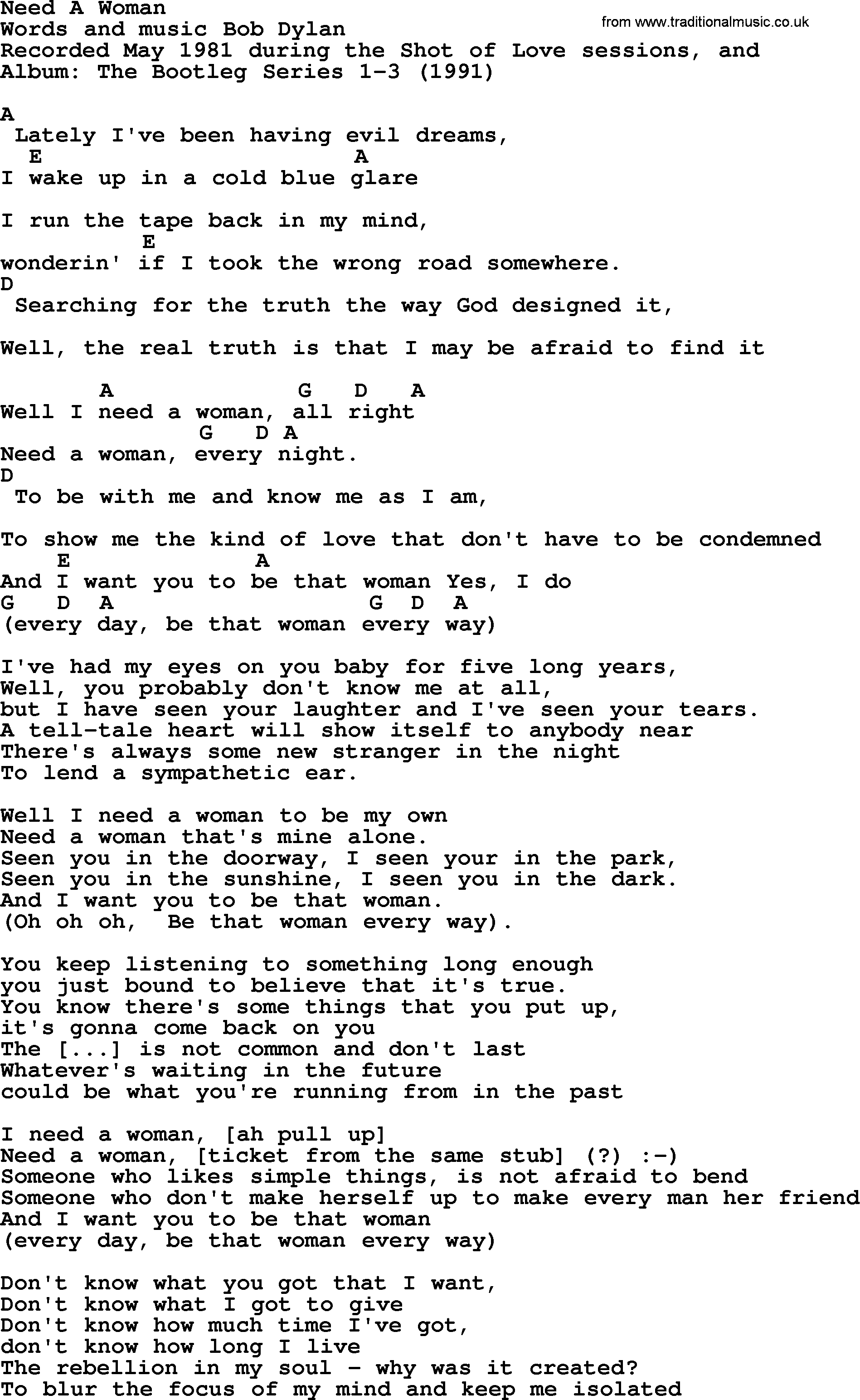 Bob Dylan song, lyrics with chords - Need A Woman