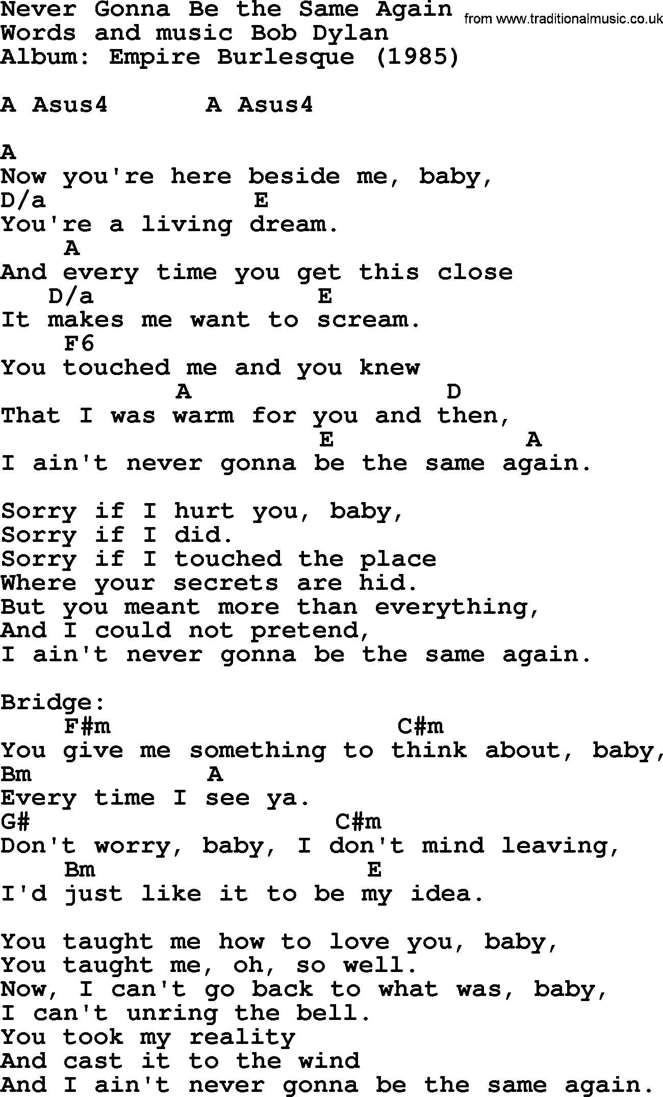 Bob Dylan song, lyrics with chords - Never Gonna Be the Same Again