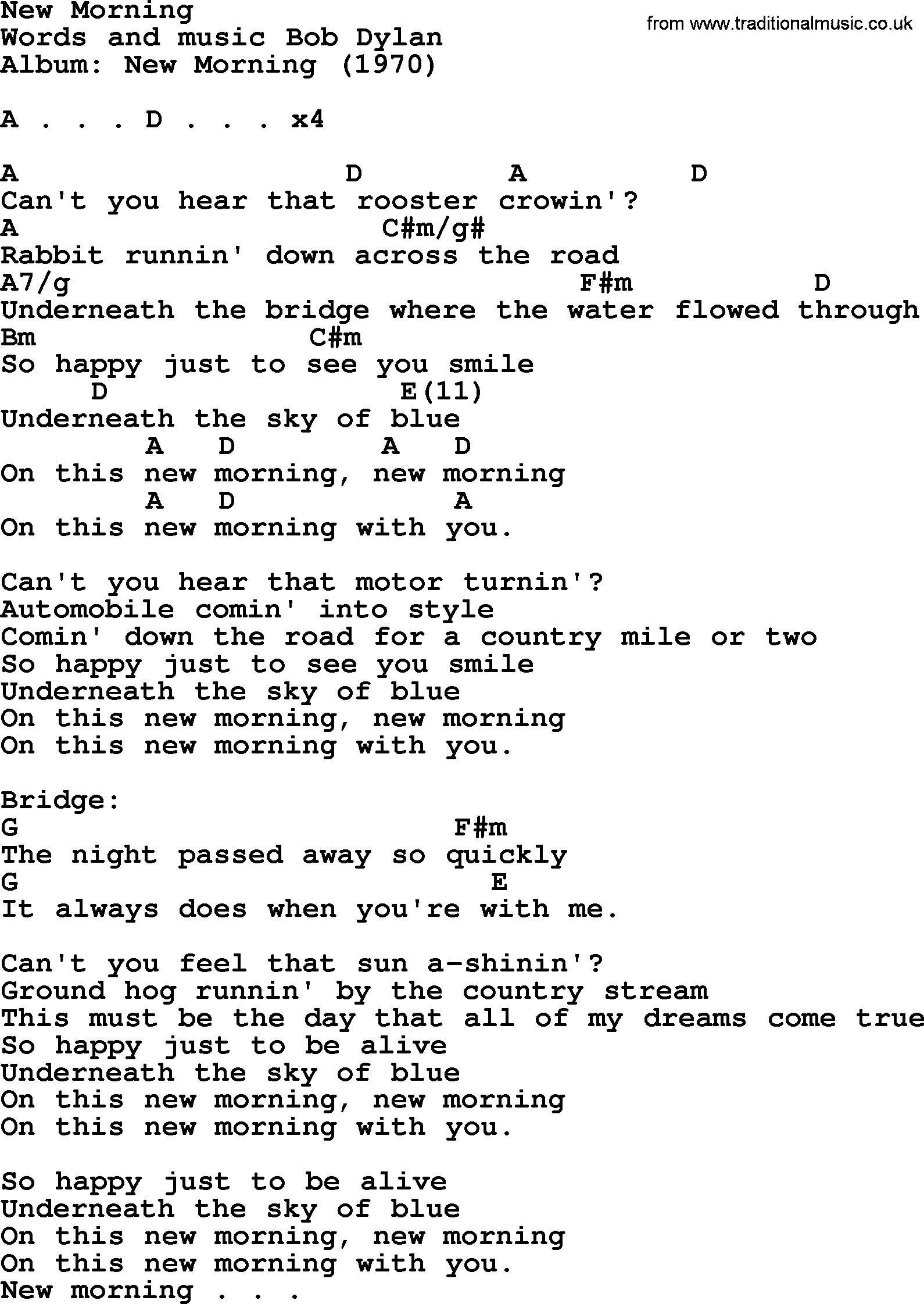 Bob Dylan song, lyrics with chords - New Morning