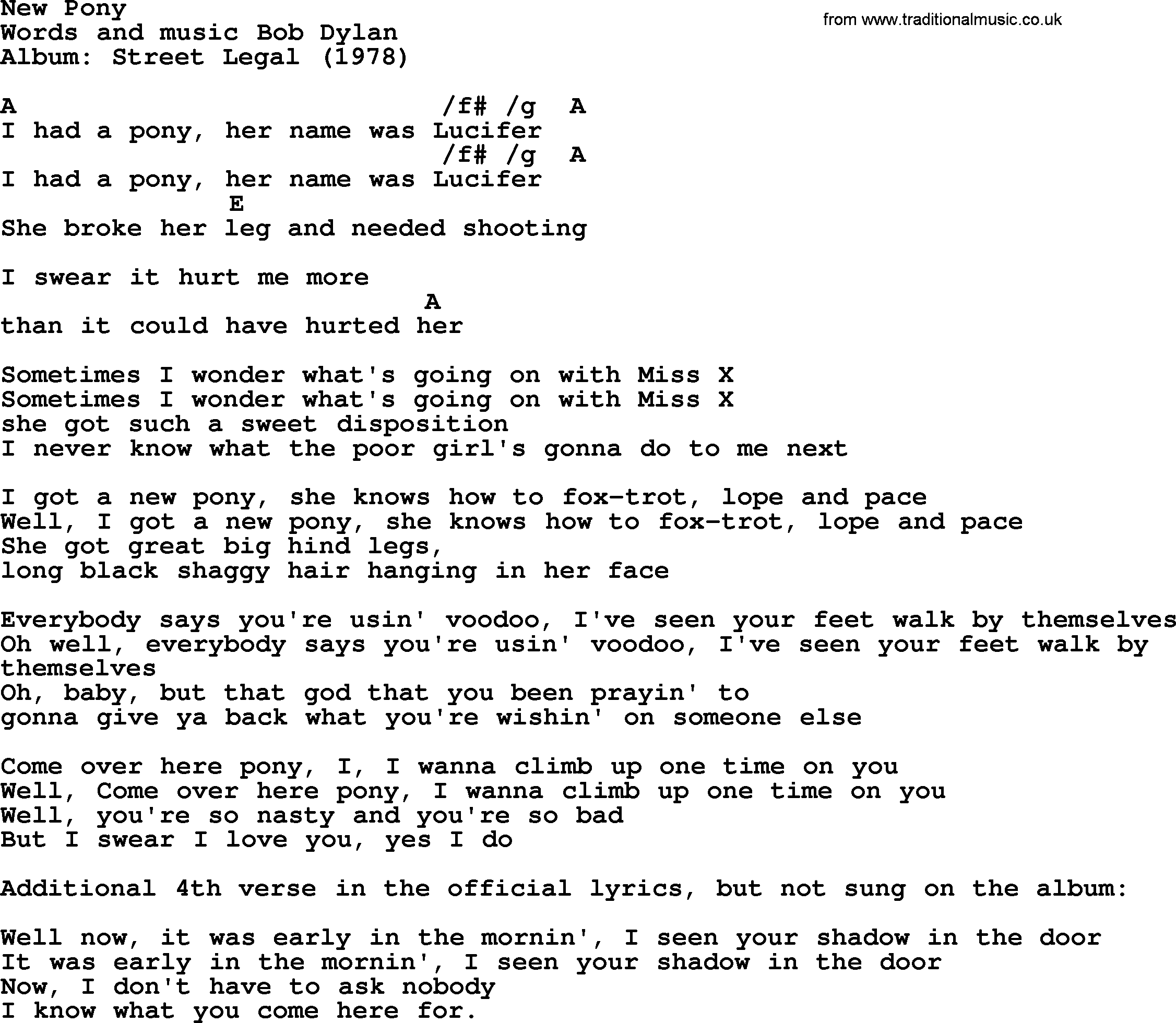 Bob Dylan song, lyrics with chords - New Pony