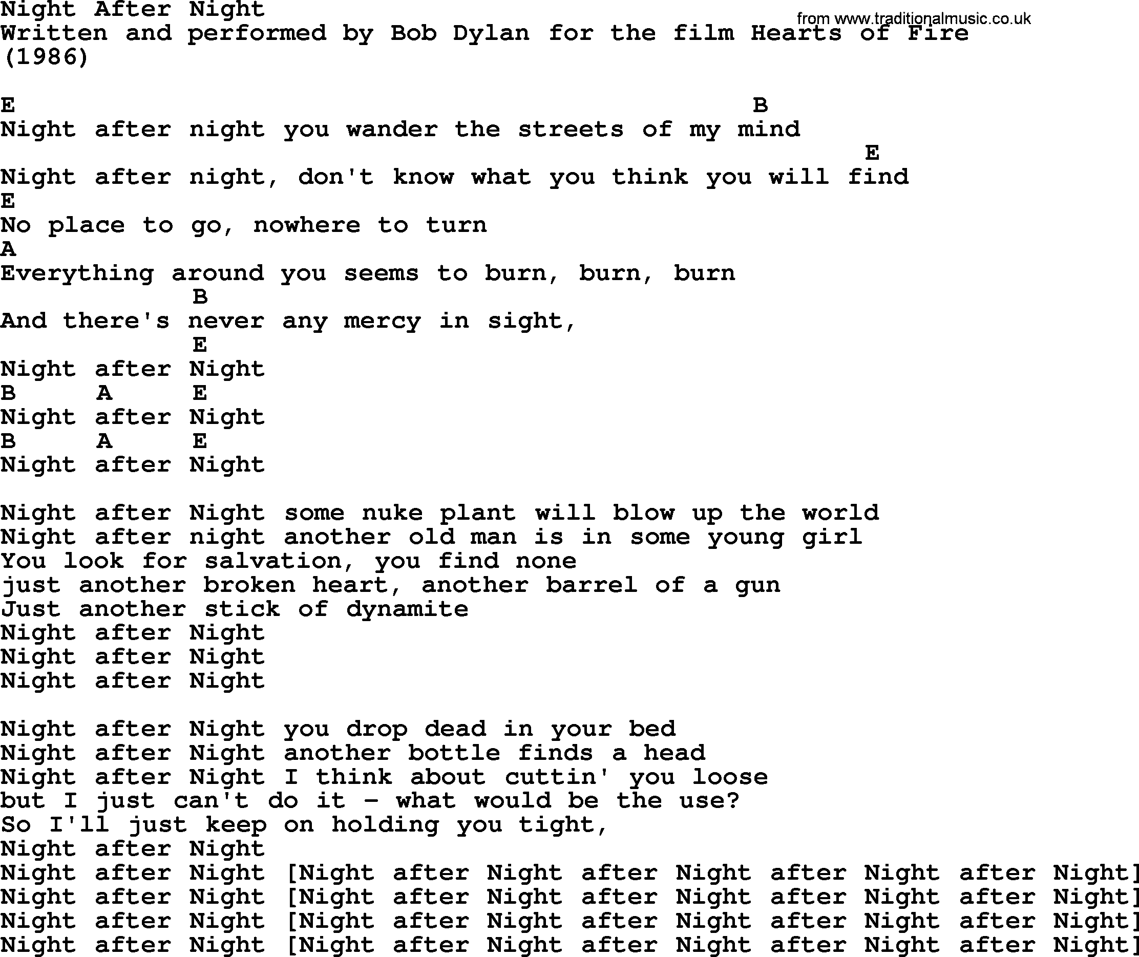 Bob Dylan song, lyrics with chords - Night After Night
