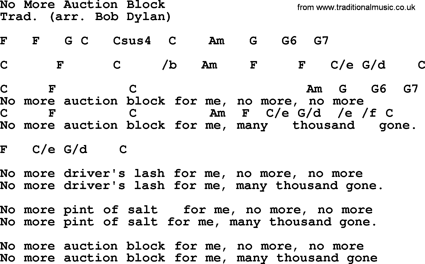Bob Dylan song, lyrics with chords - No More Auction Block