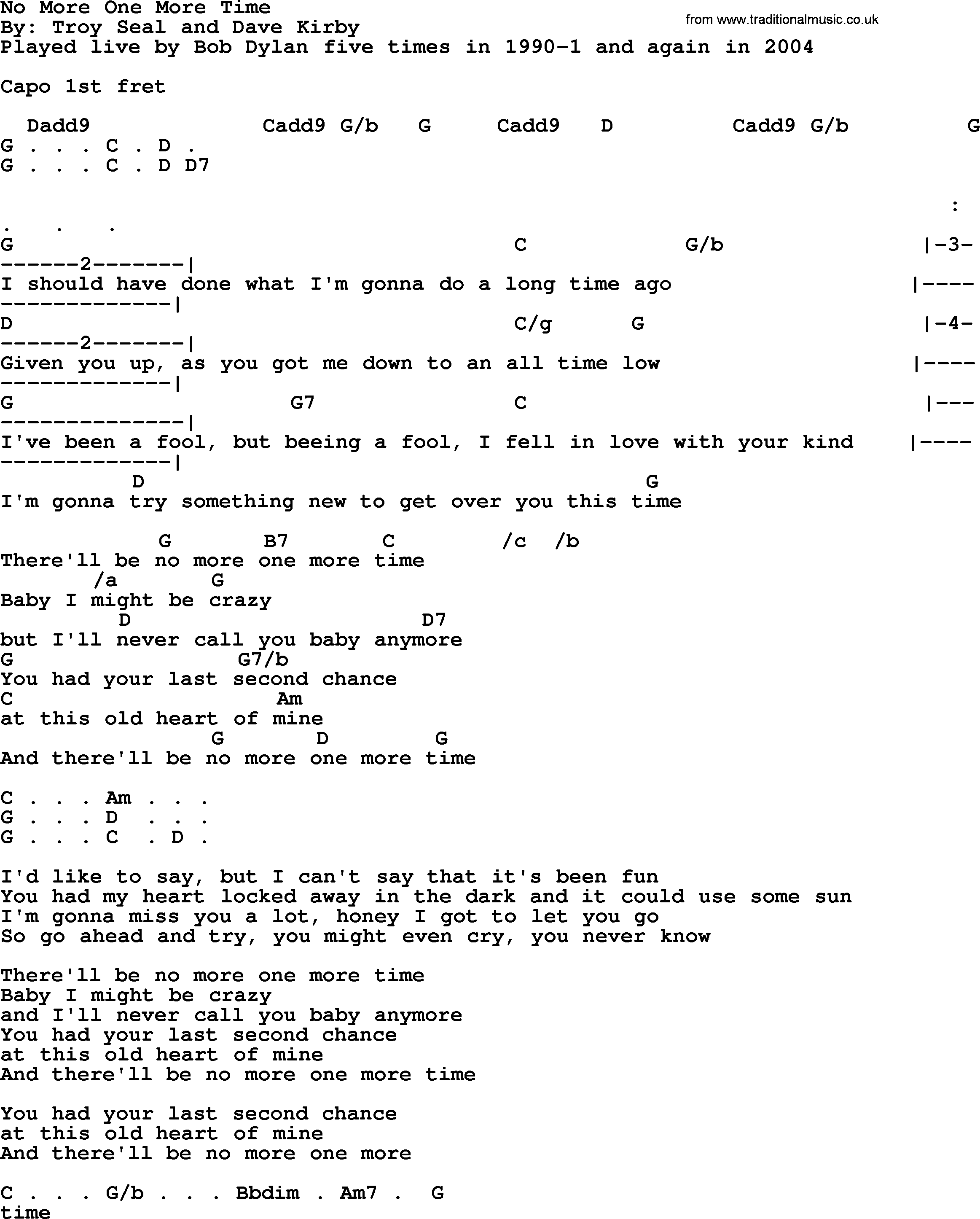 Bob Dylan song, lyrics with chords - No More One More Time
