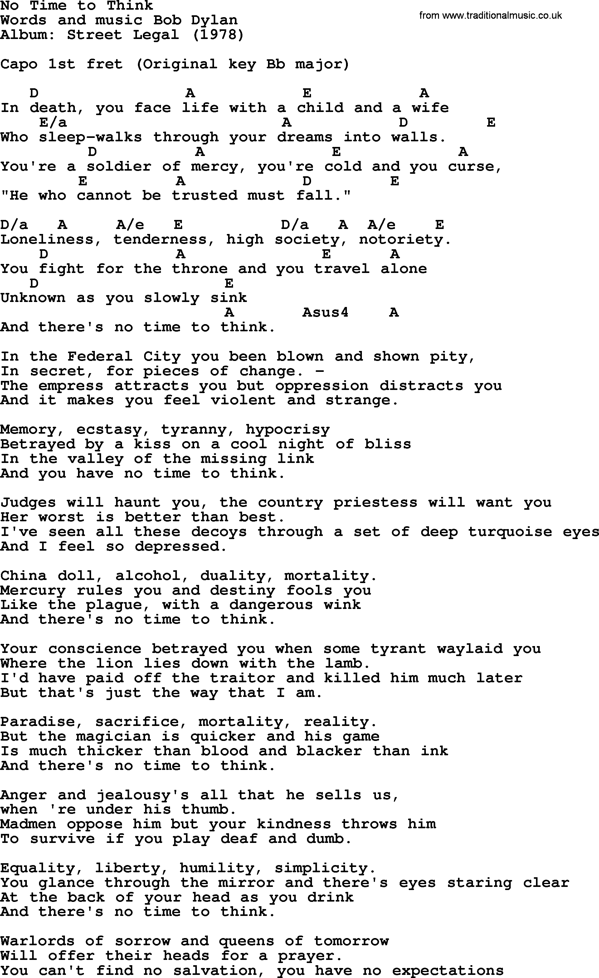 Bob Dylan song, lyrics with chords - No Time to Think