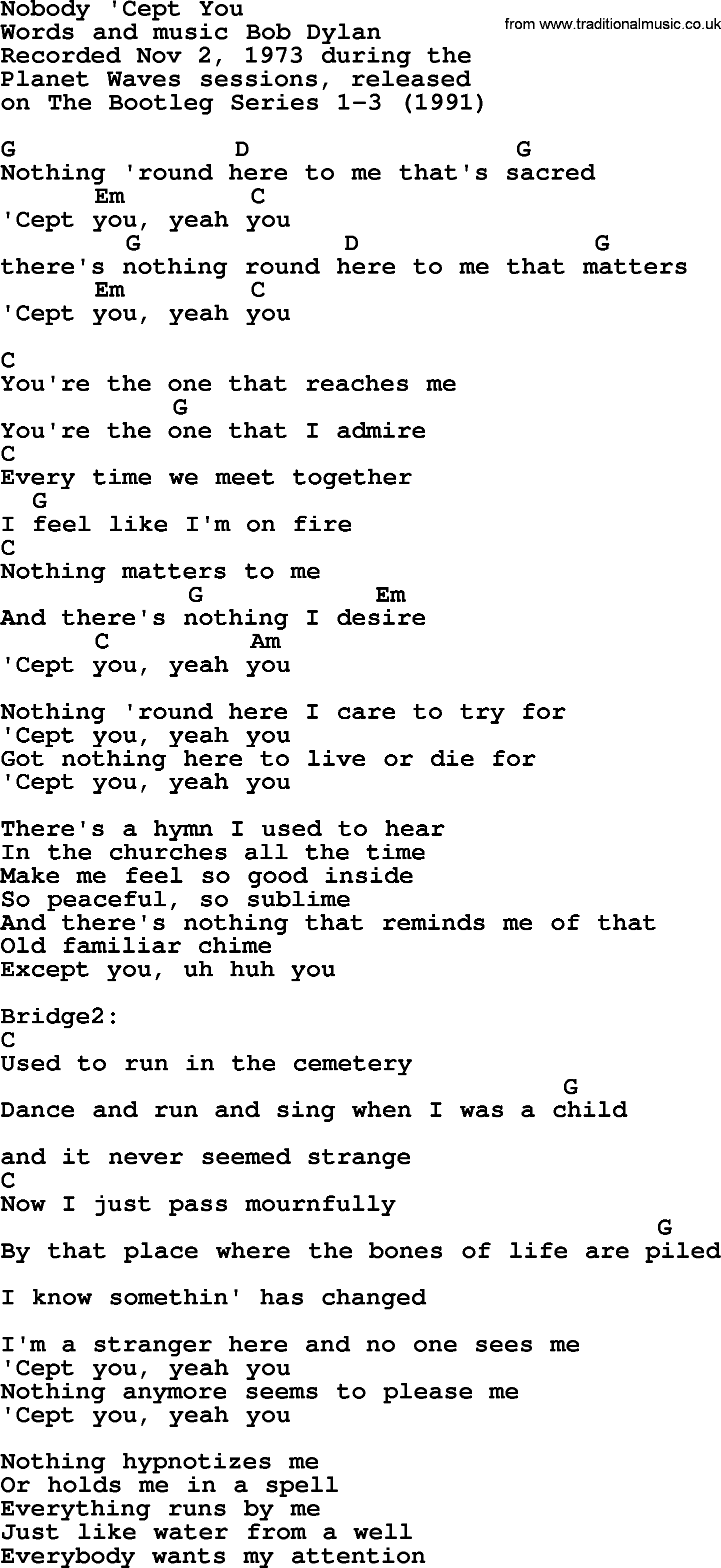 Bob Dylan song, lyrics with chords - Nobody 'Cept You