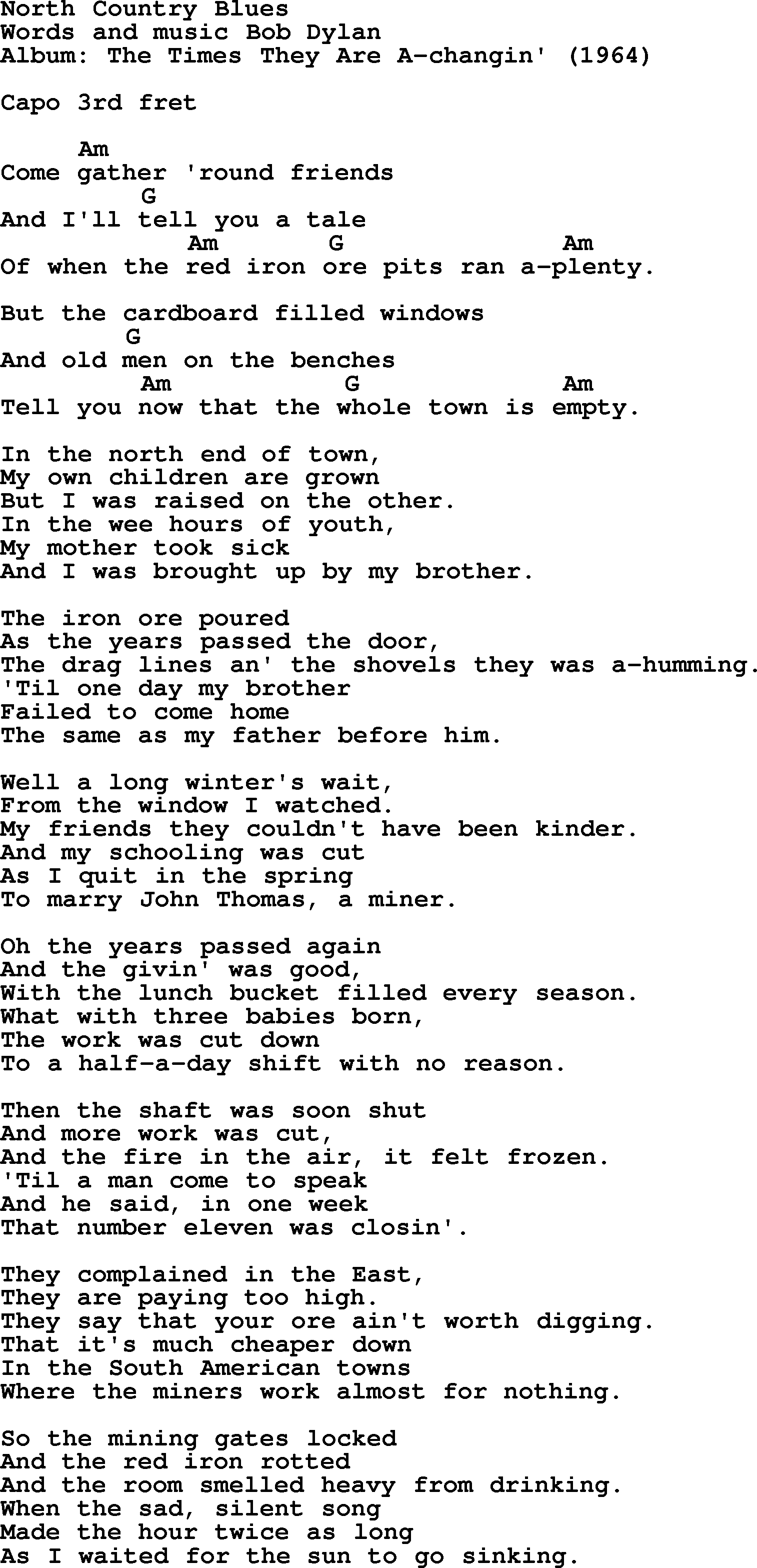 Bob Dylan song, lyrics with chords - North Country Blues