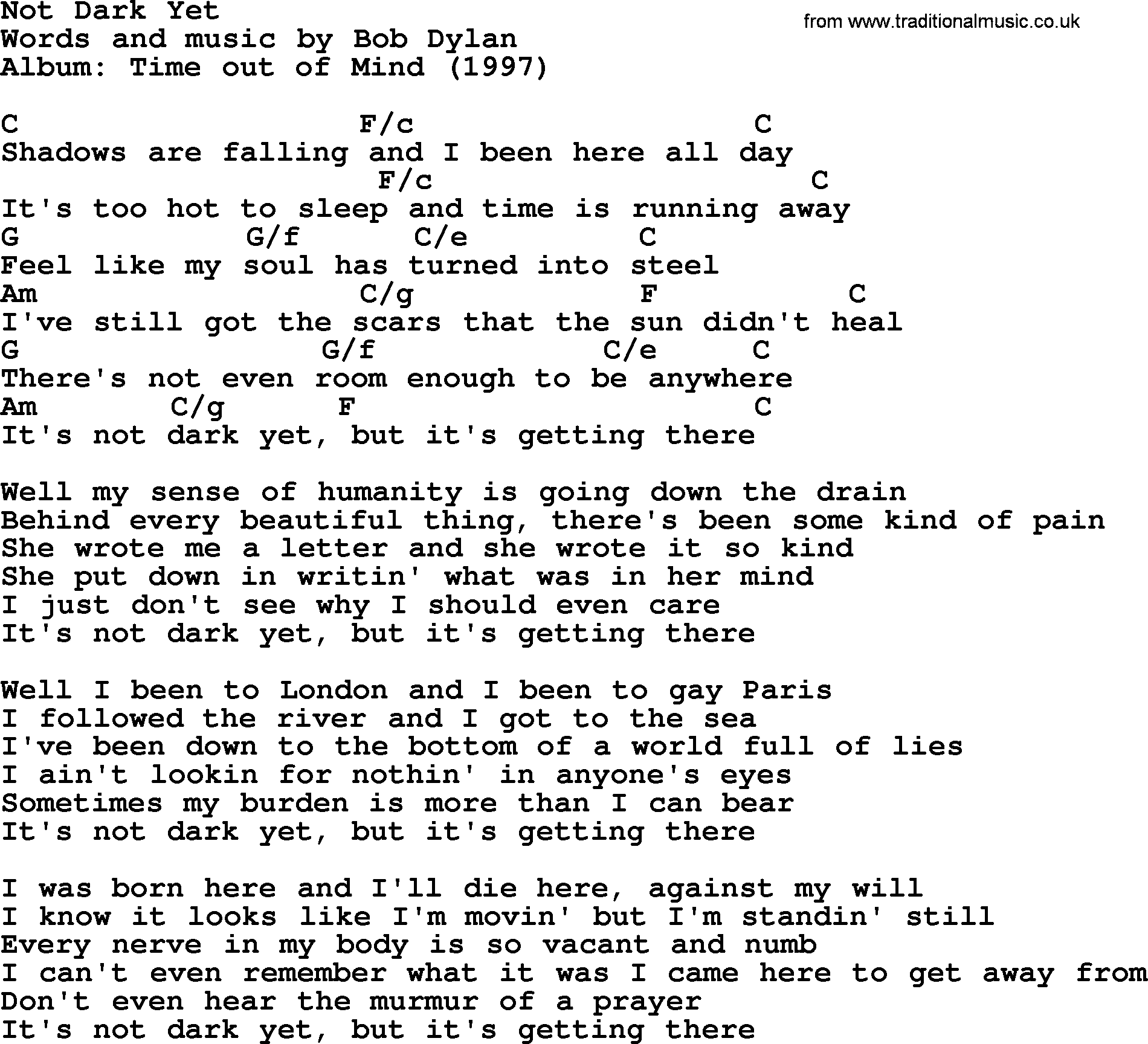 Bob Dylan song, lyrics with chords - Not Dark Yet