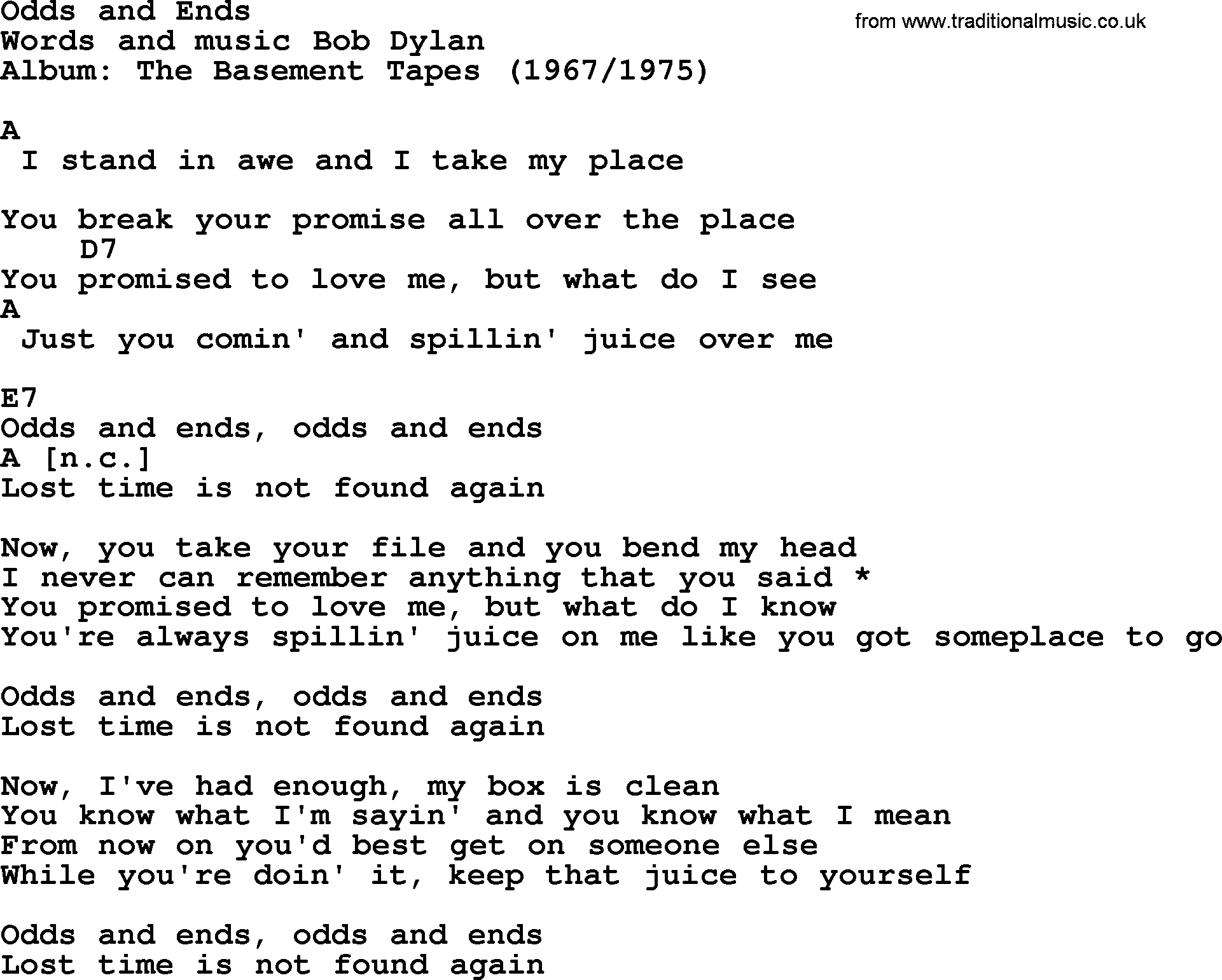 Bob Dylan song, lyrics with chords - Odds and Ends