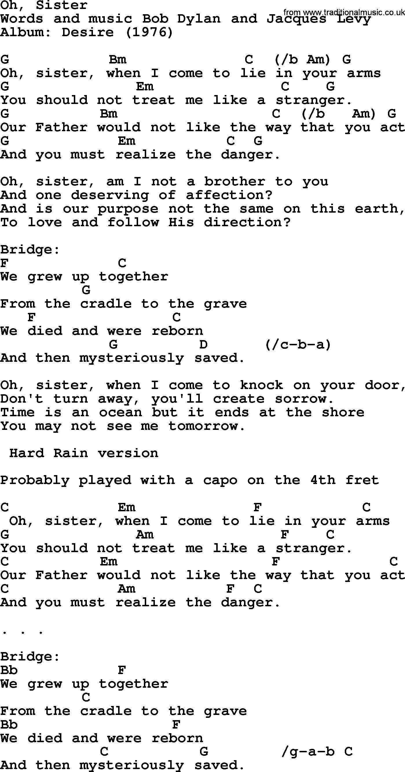 Bob Dylan song, lyrics with chords - Oh, Sister