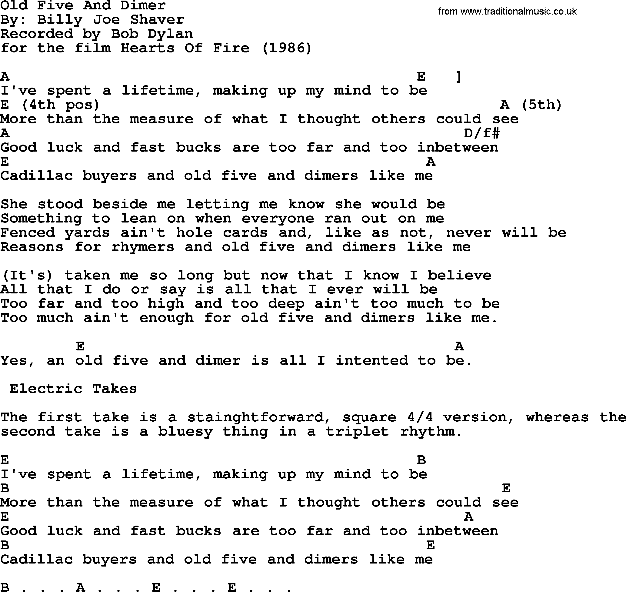 Bob Dylan song, lyrics with chords - Old Five And Dimer