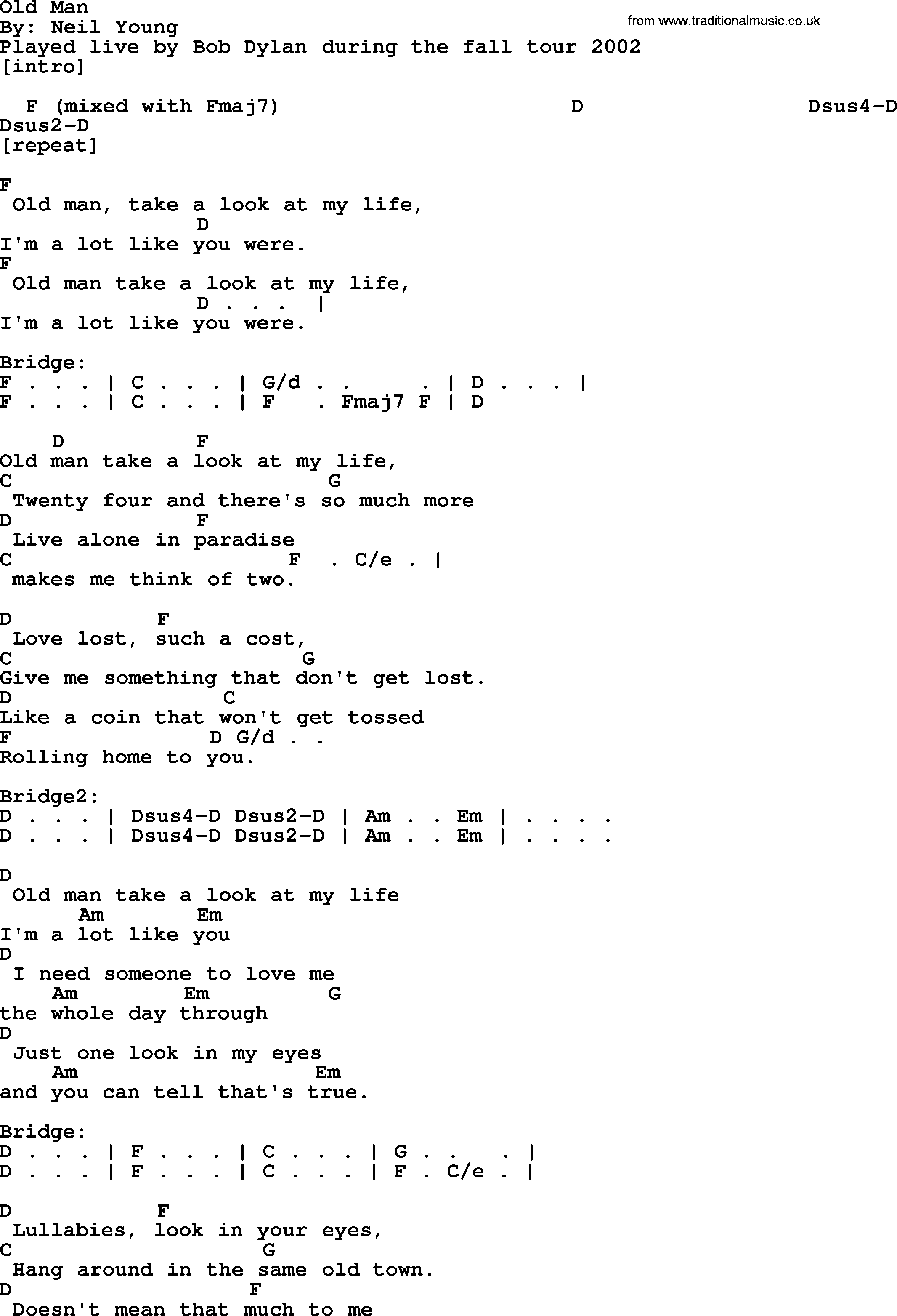 Bob Dylan song, lyrics with chords - Old Man