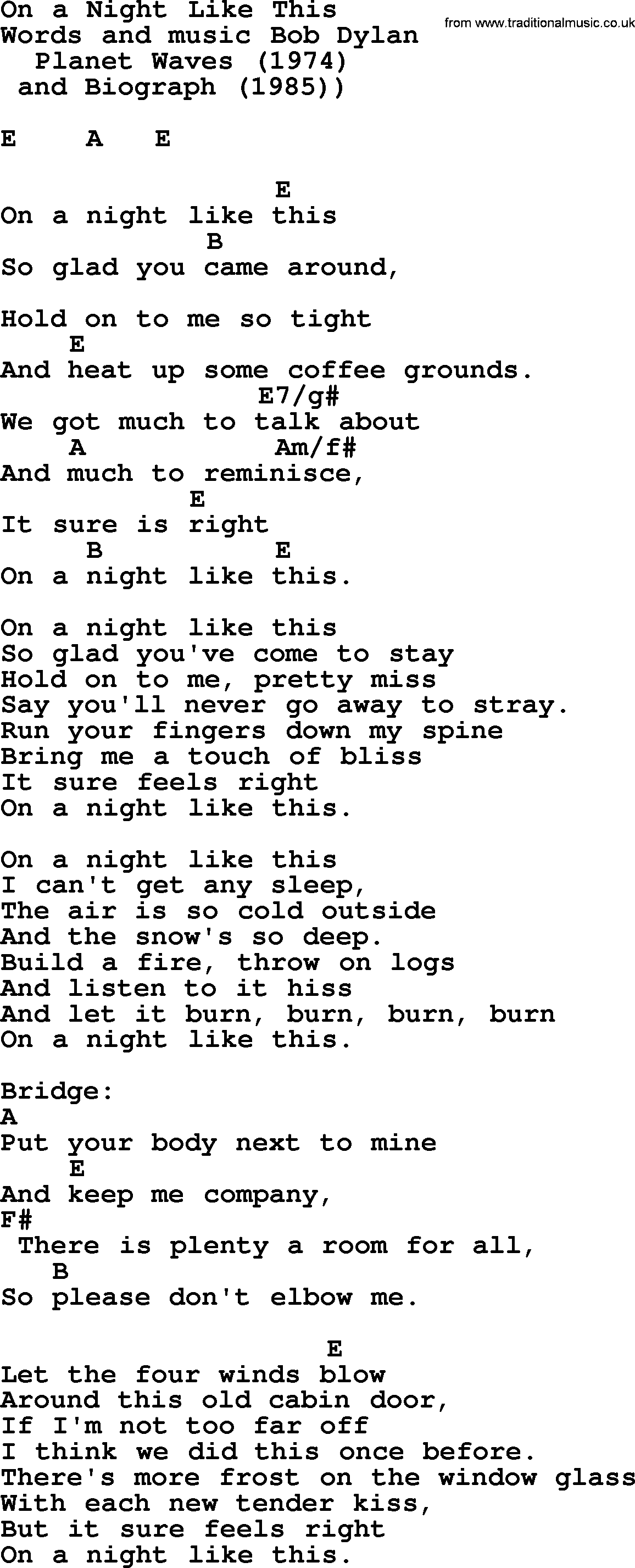 Bob Dylan song, lyrics with chords - On a Night Like This