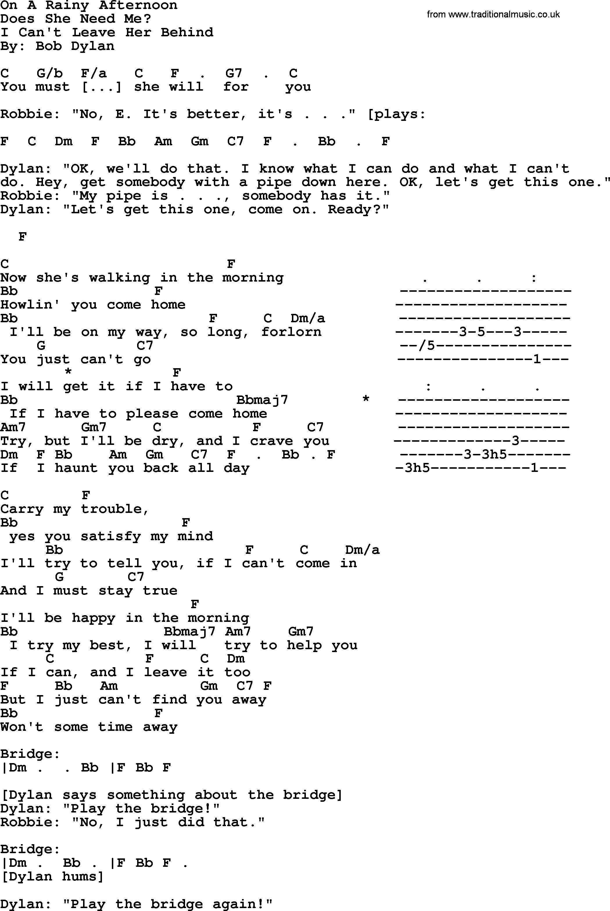 Bob Dylan song, lyrics with chords - On A Rainy Afternoon