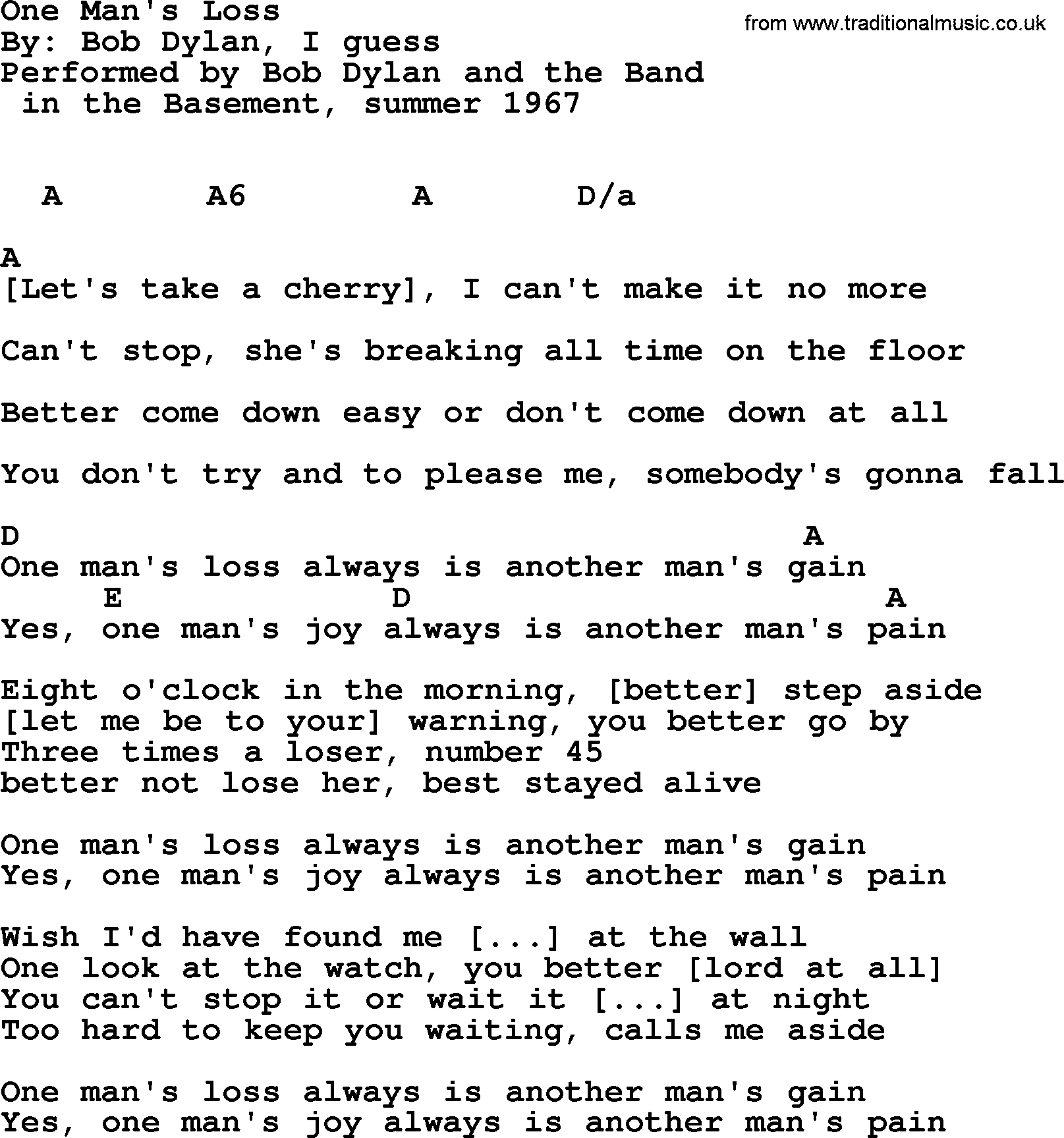 Bob Dylan song, lyrics with chords - One Man's Loss