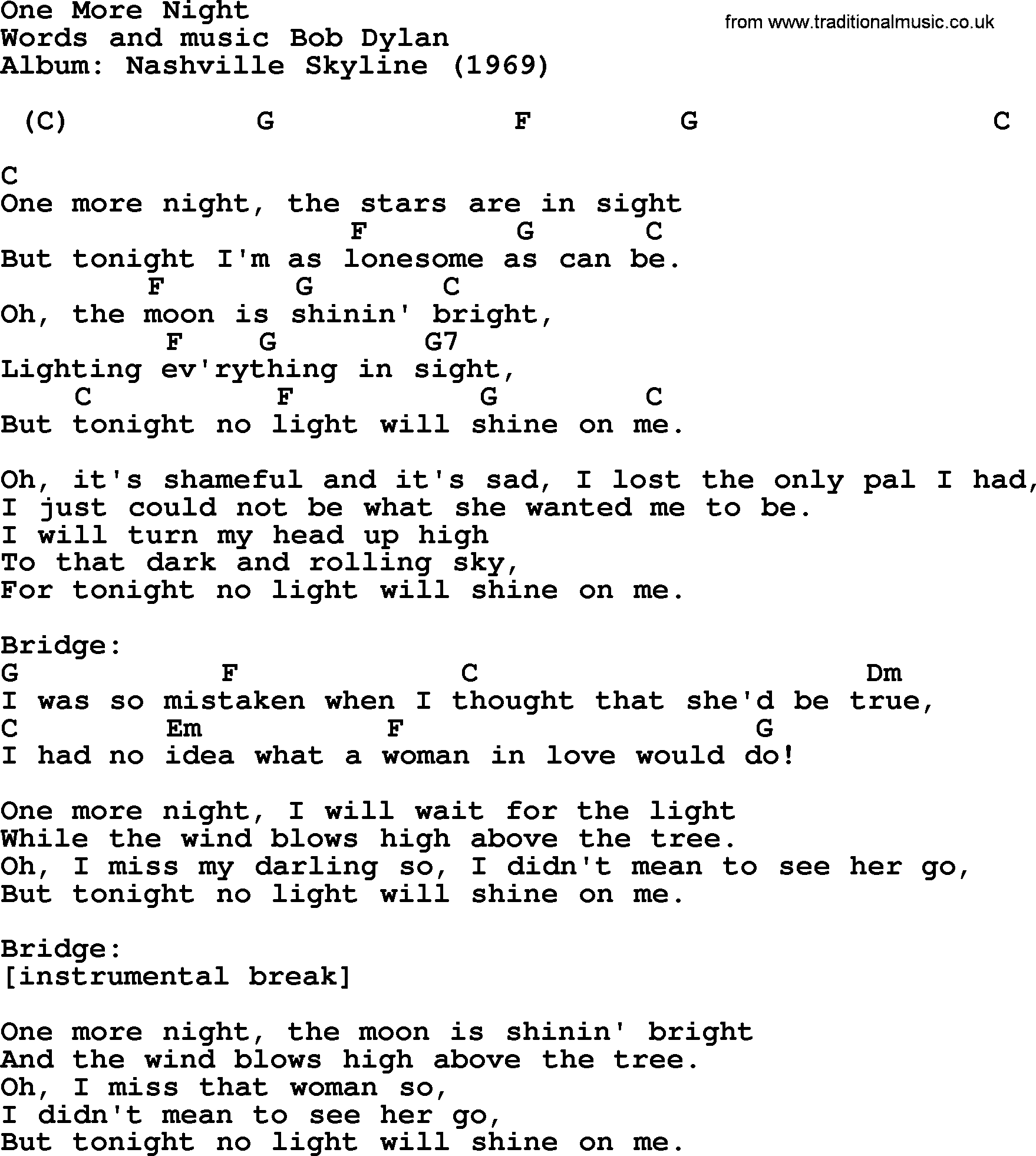 Bob Dylan song, lyrics with chords - One More Night