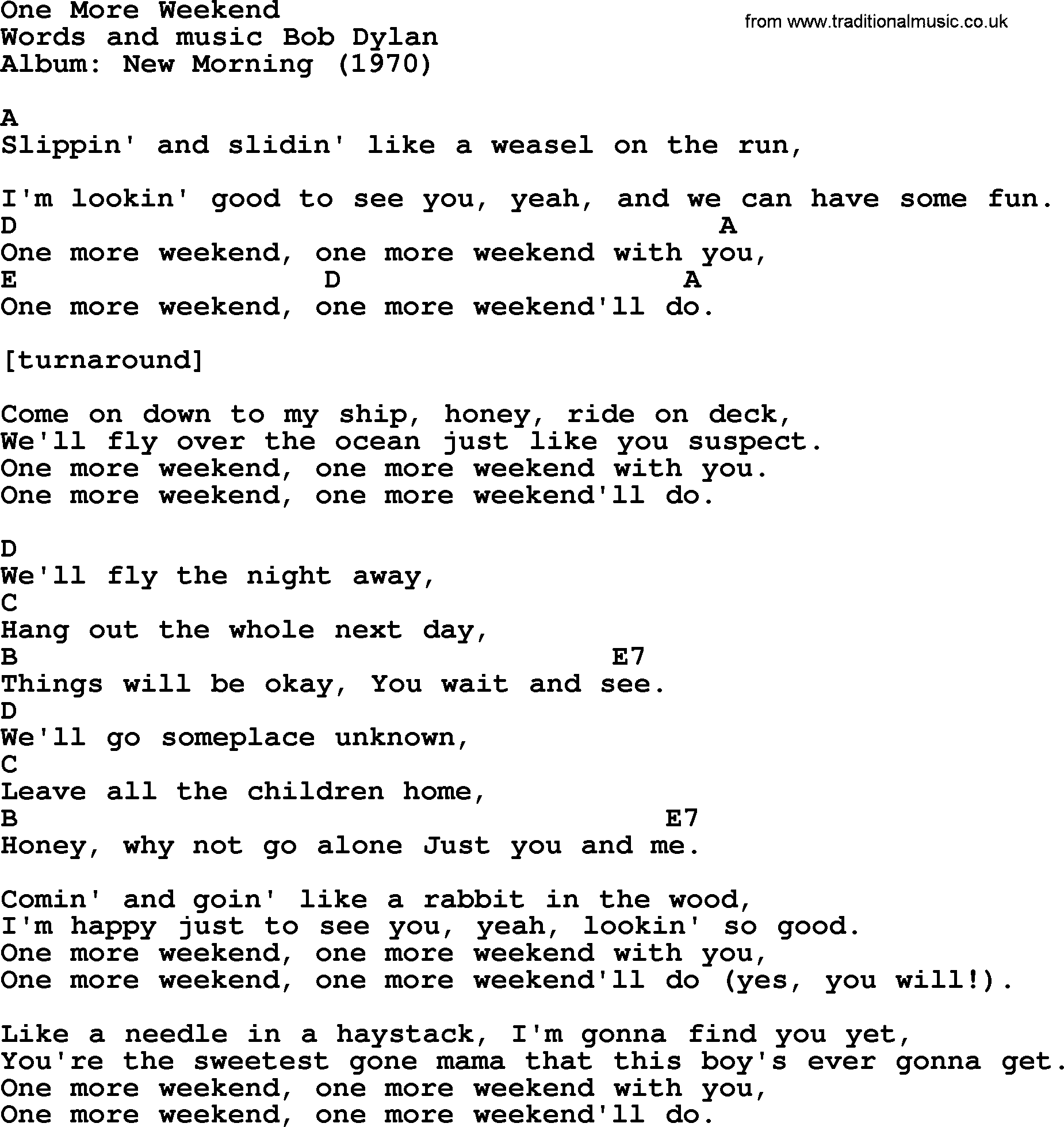 Bob Dylan song, lyrics with chords - One More Weekend